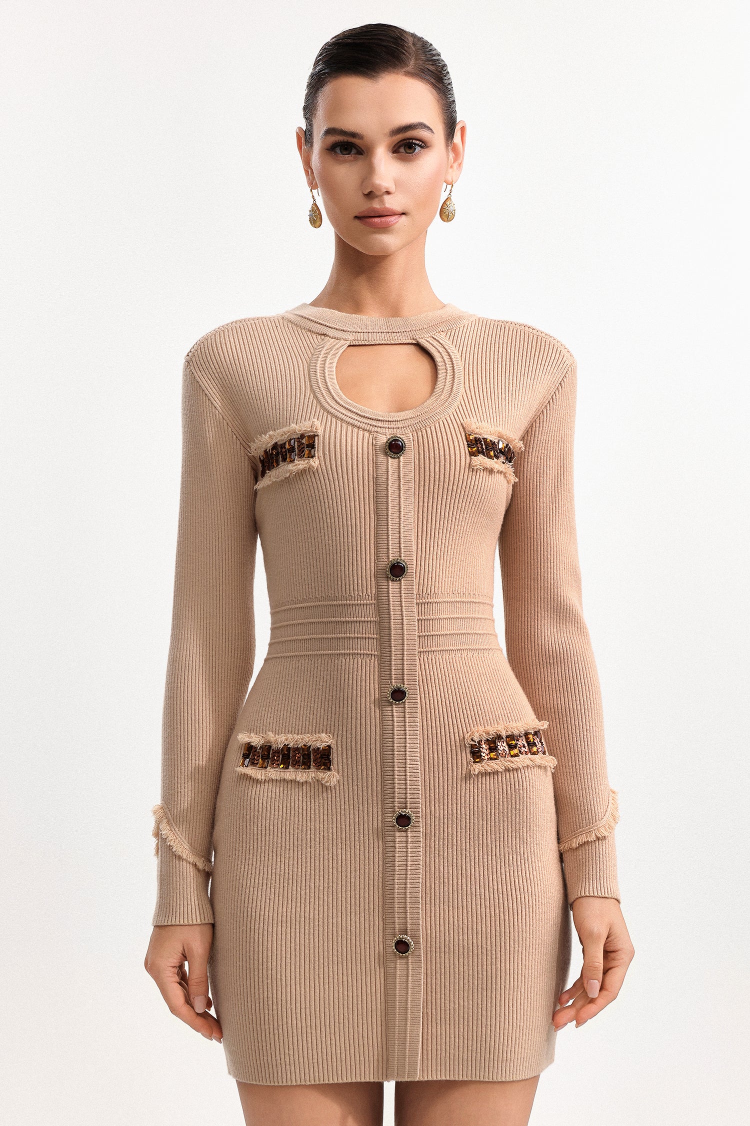 JENNY CONTOUR KNIT MINI DRESS, KHAKI, SLEEK FIT