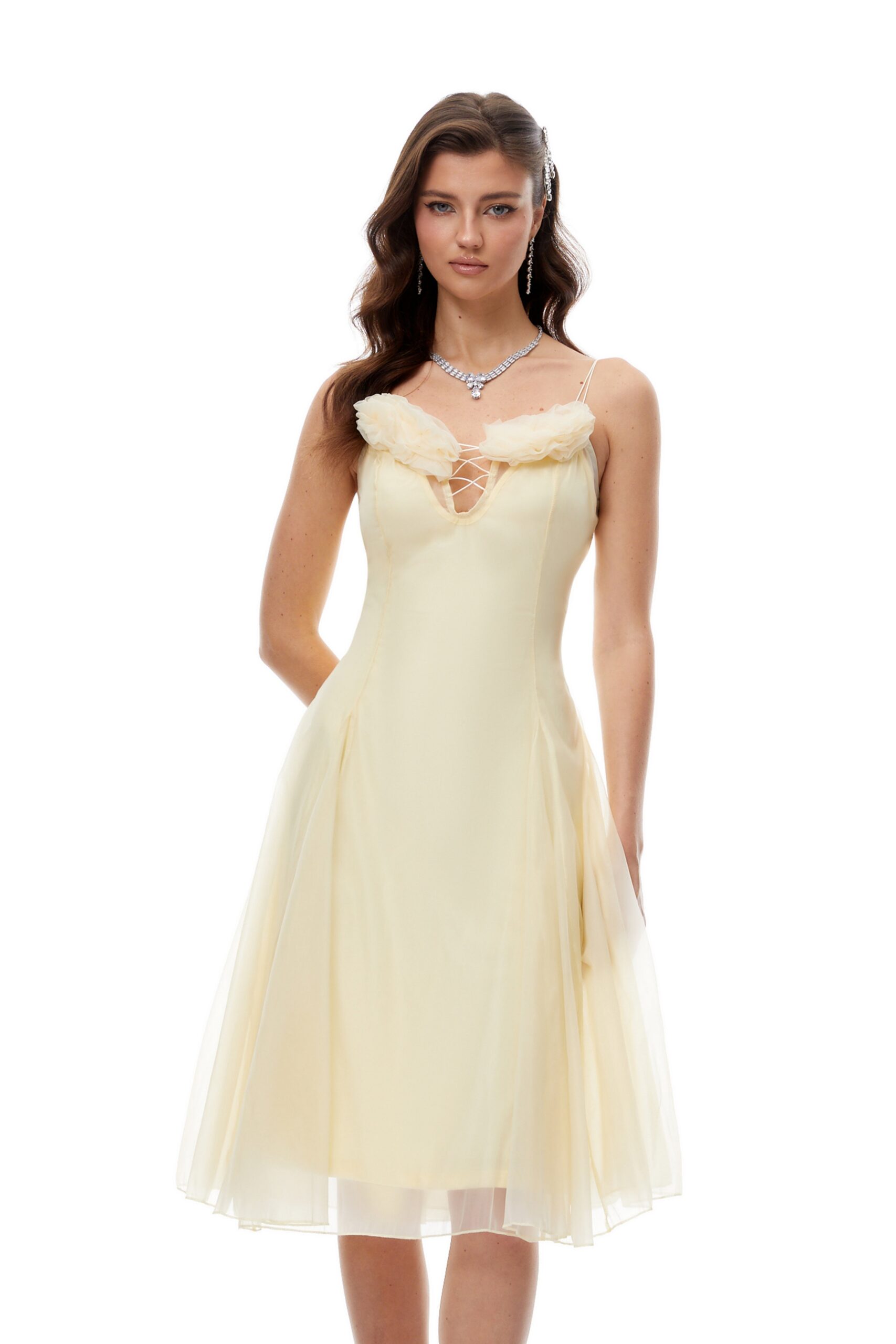 KRISTIN YELLOW FLORAL TULLE MIDI DRESS