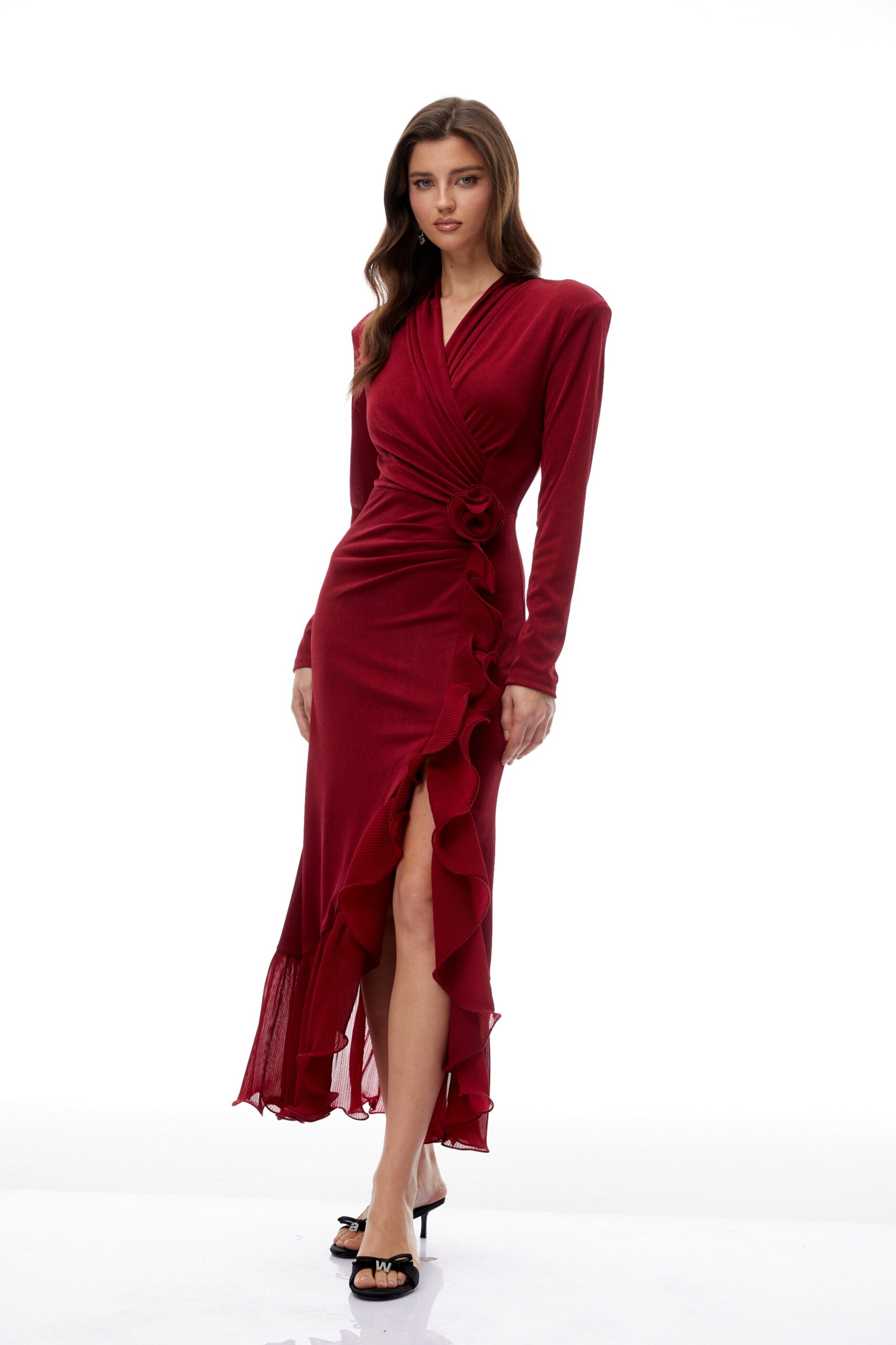 JOYCE RED RUFFLED KNIT MIDI DRESS, HIGH SLIT