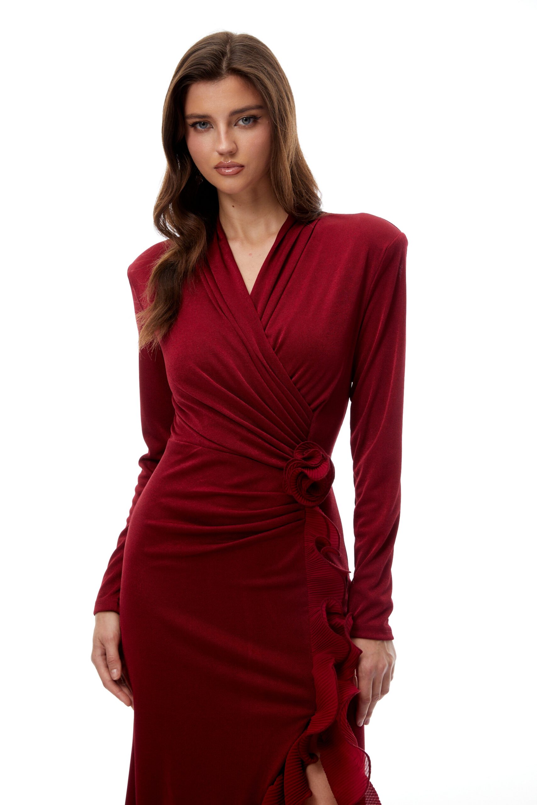 JOYCE RED RUFFLED KNIT MIDI DRESS, HIGH SLIT