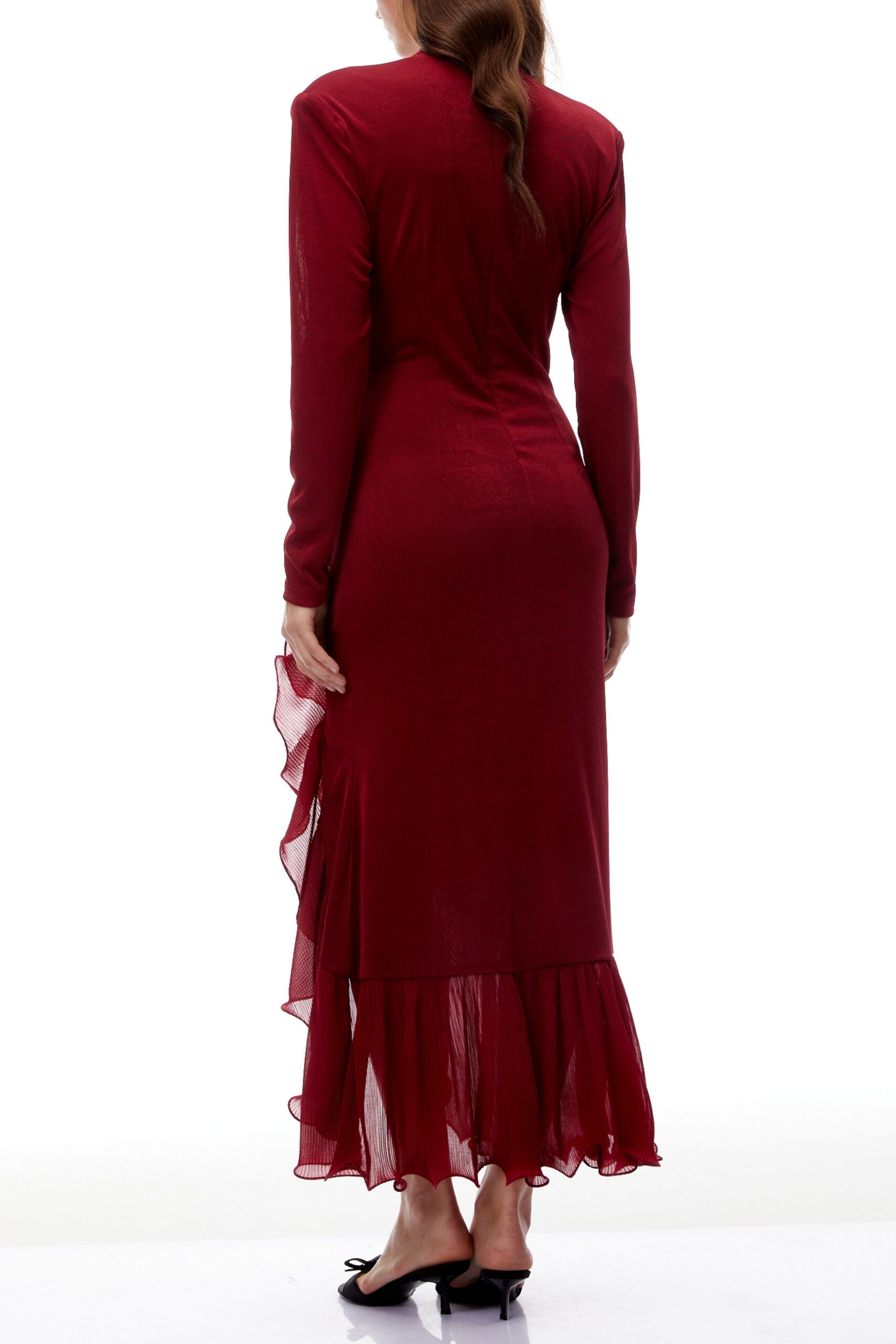 JOYCE RED RUFFLED KNIT MIDI DRESS, HIGH SLIT