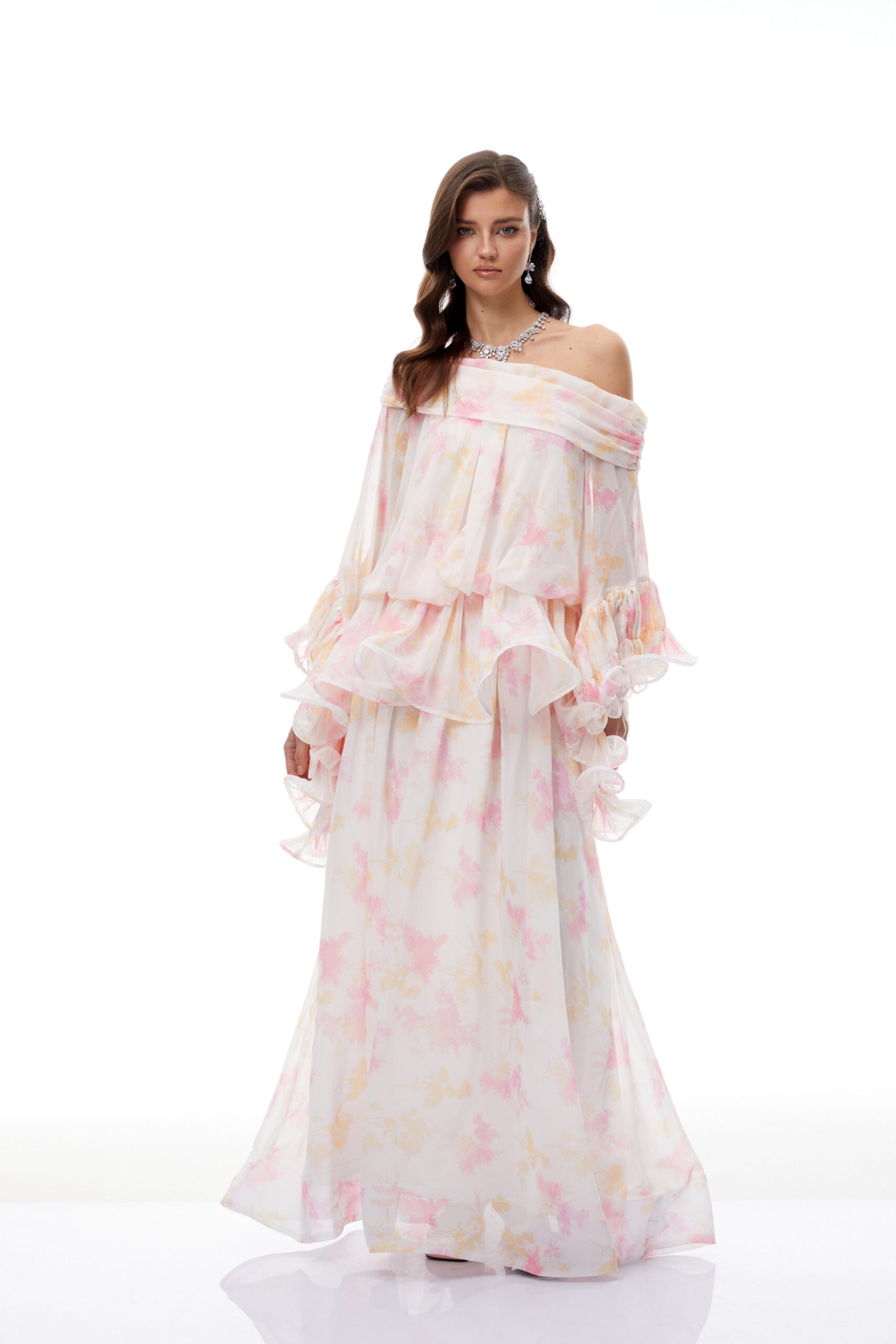 EMILY WHITE FLORAL RUFFLED CHIFFON MAXI DRESS