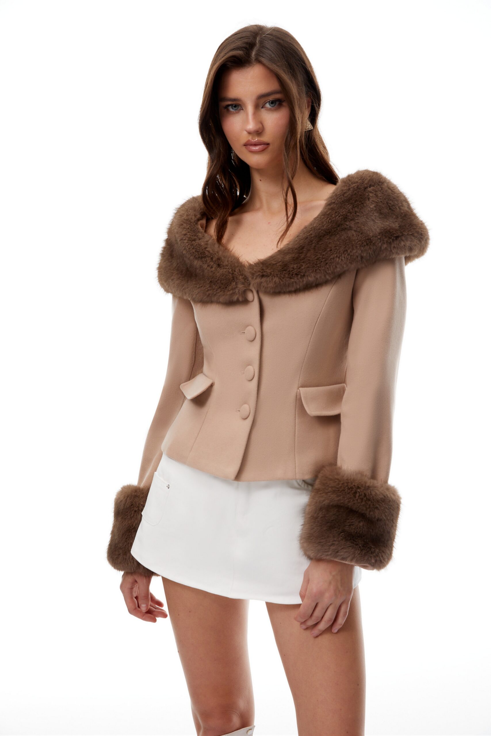 VICTORIA KHAKI FUR TRIM WOOL COAT