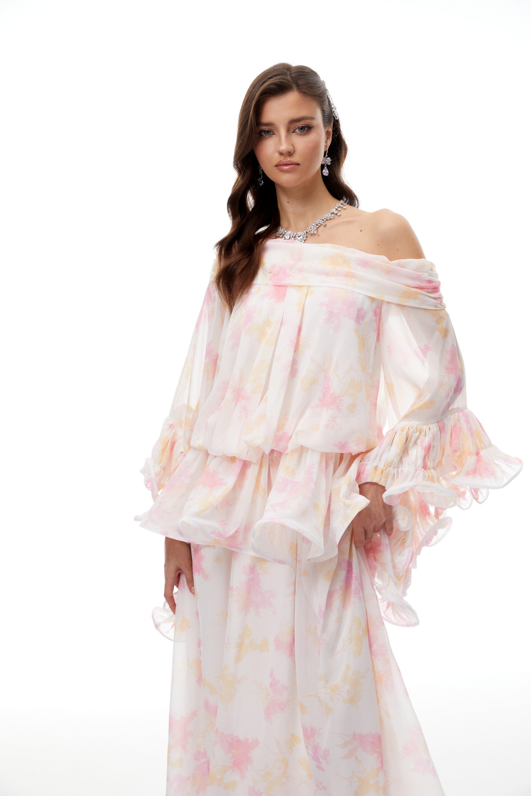 EMILY WHITE FLORAL RUFFLED CHIFFON MAXI DRESS