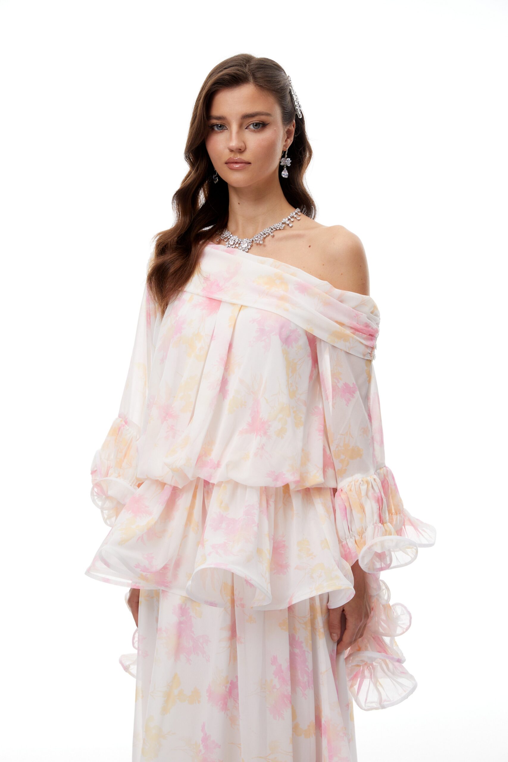 EMILY WHITE FLORAL RUFFLED CHIFFON MAXI DRESS