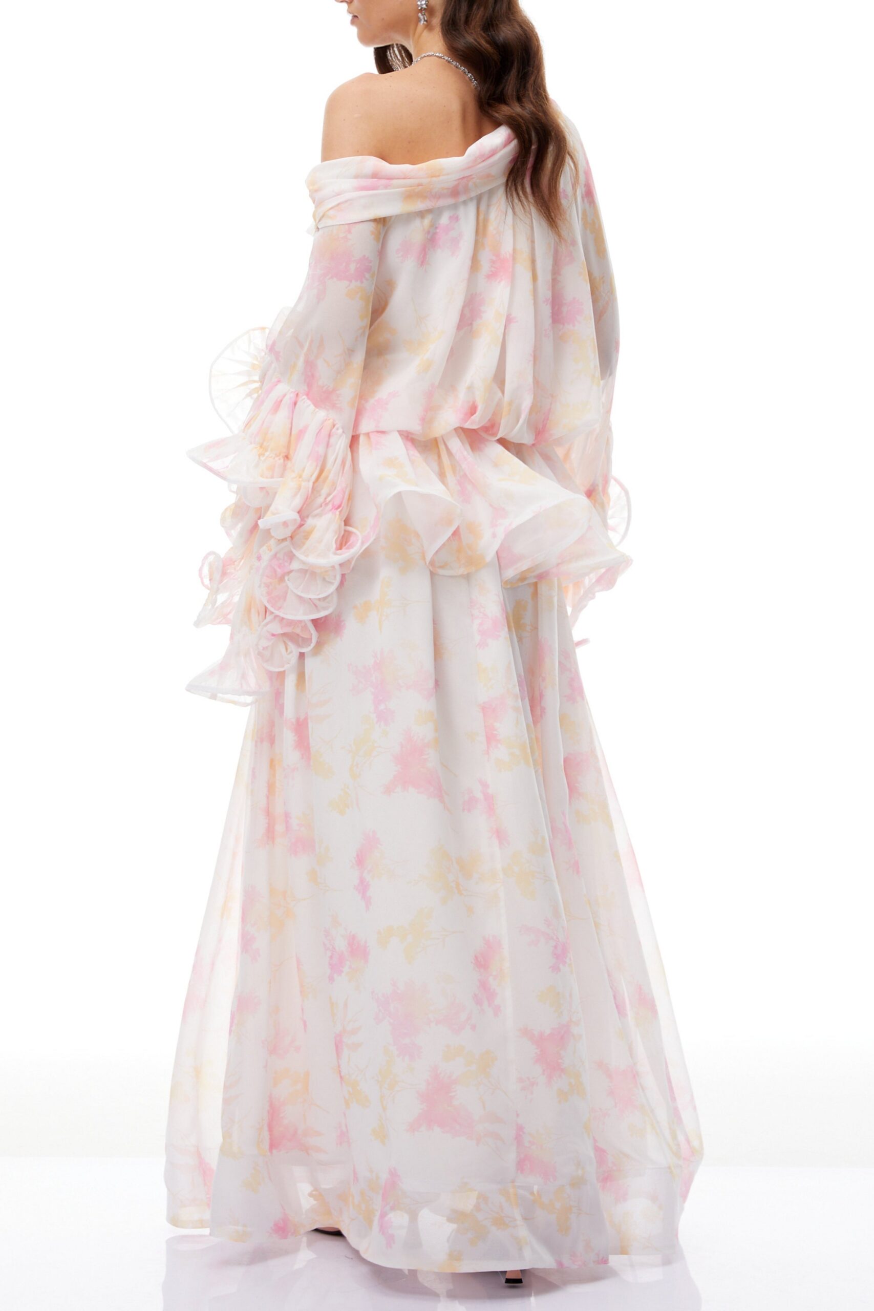EMILY WHITE FLORAL RUFFLED CHIFFON MAXI DRESS