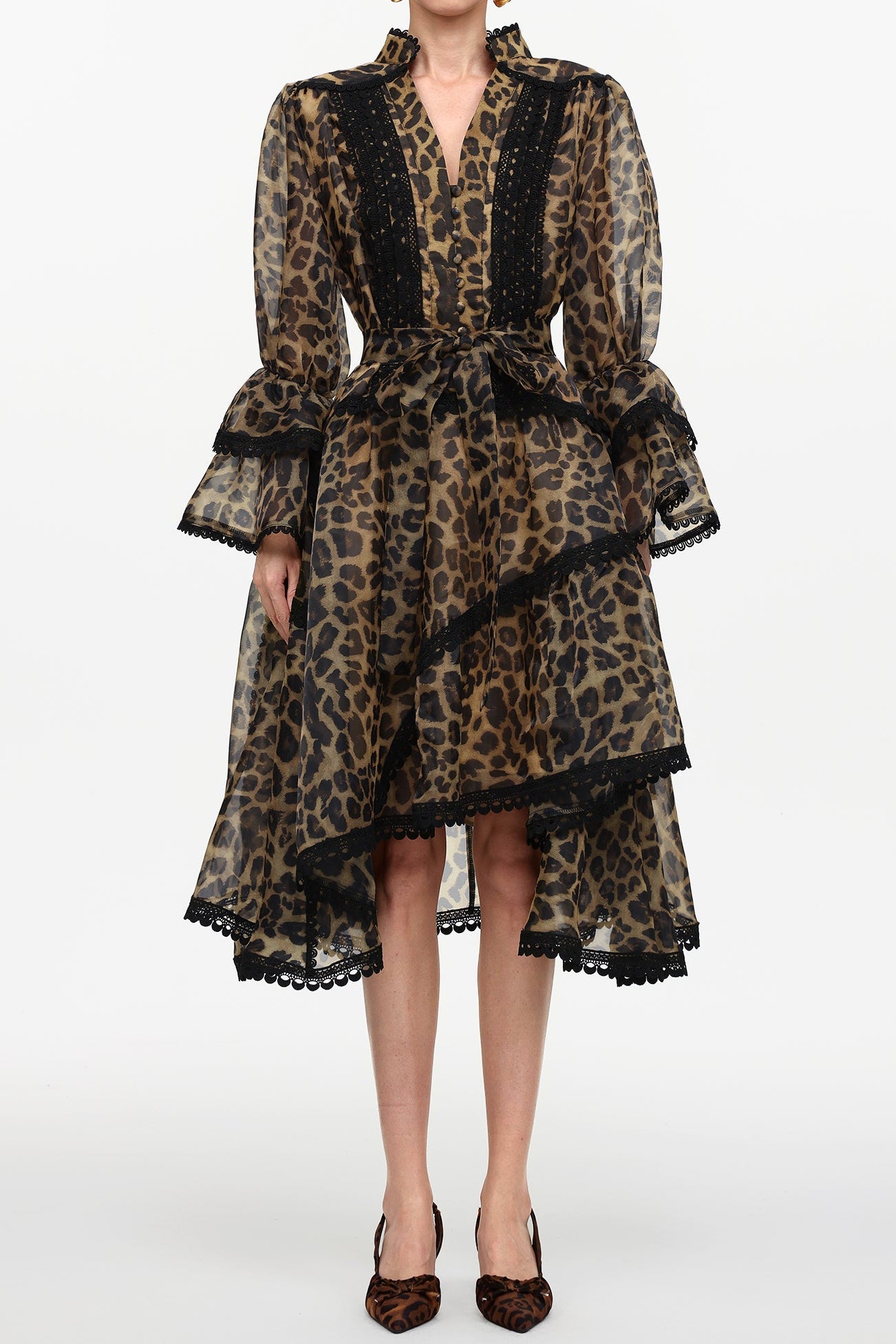 UHREN LEOPARD PRINT V-NECK FALBALA LACE MINI DRESS