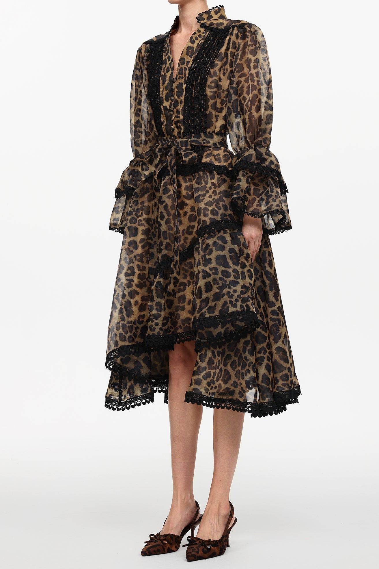 UHREN LEOPARD PRINT V-NECK FALBALA LACE MINI DRESS