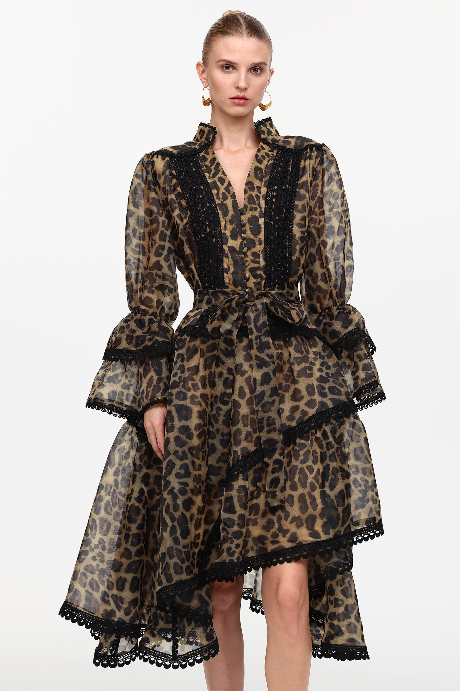 UHREN LEOPARD PRINT V-NECK FALBALA LACE MINI DRESS
