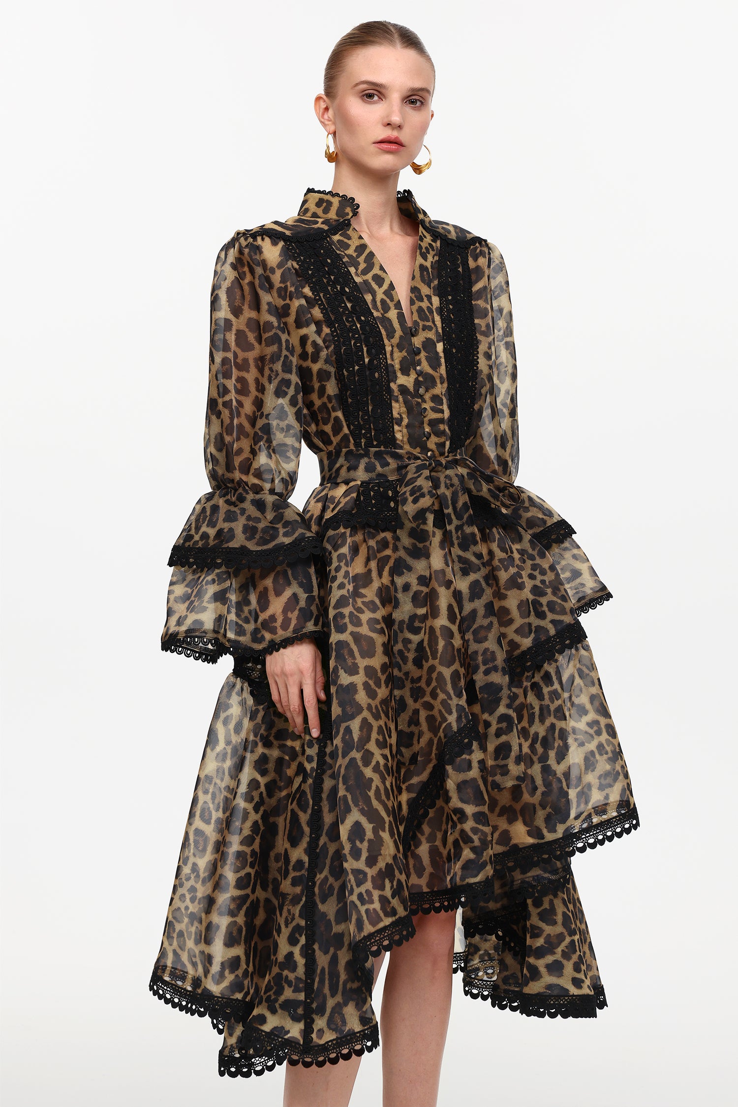 UHREN LEOPARD PRINT V-NECK FALBALA LACE MINI DRESS