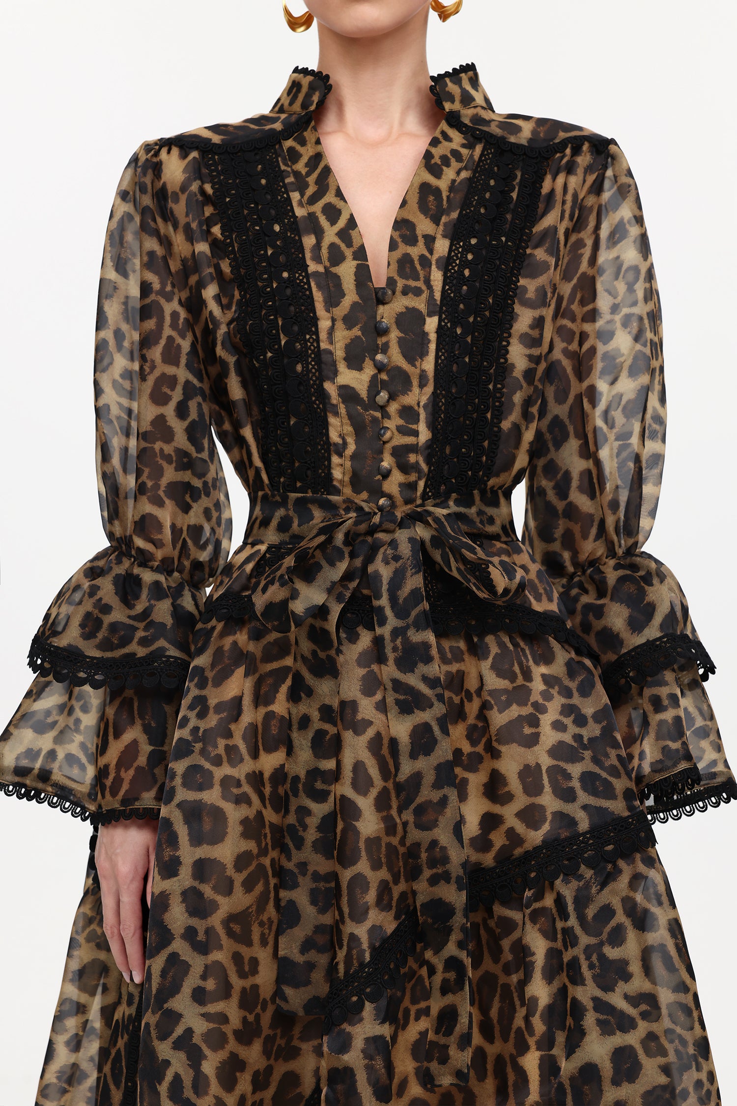 UHREN LEOPARD PRINT V-NECK FALBALA LACE MINI DRESS