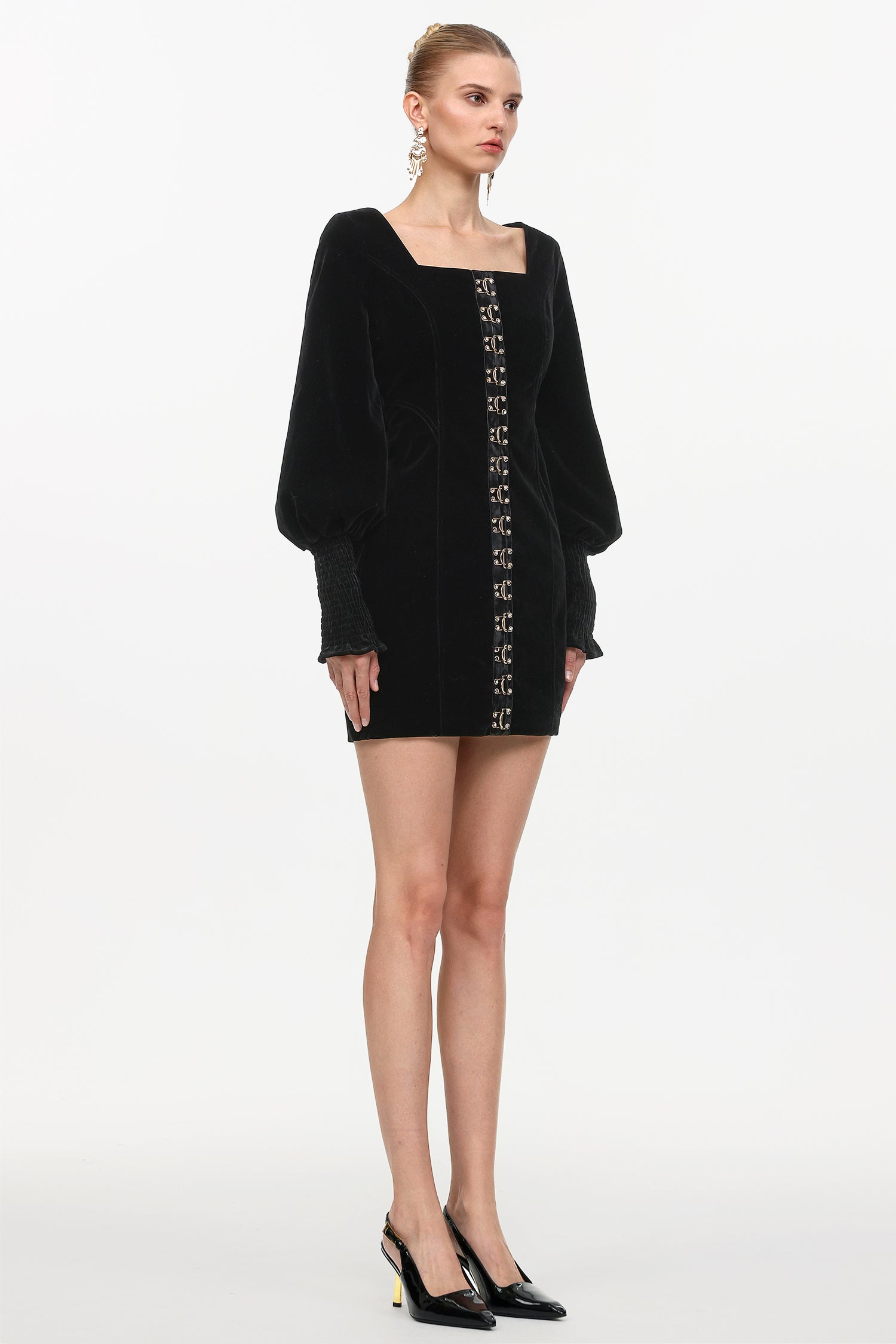 TINA SQUARE NECK CINCH WAIST VELVET MINI DRESS BLACK