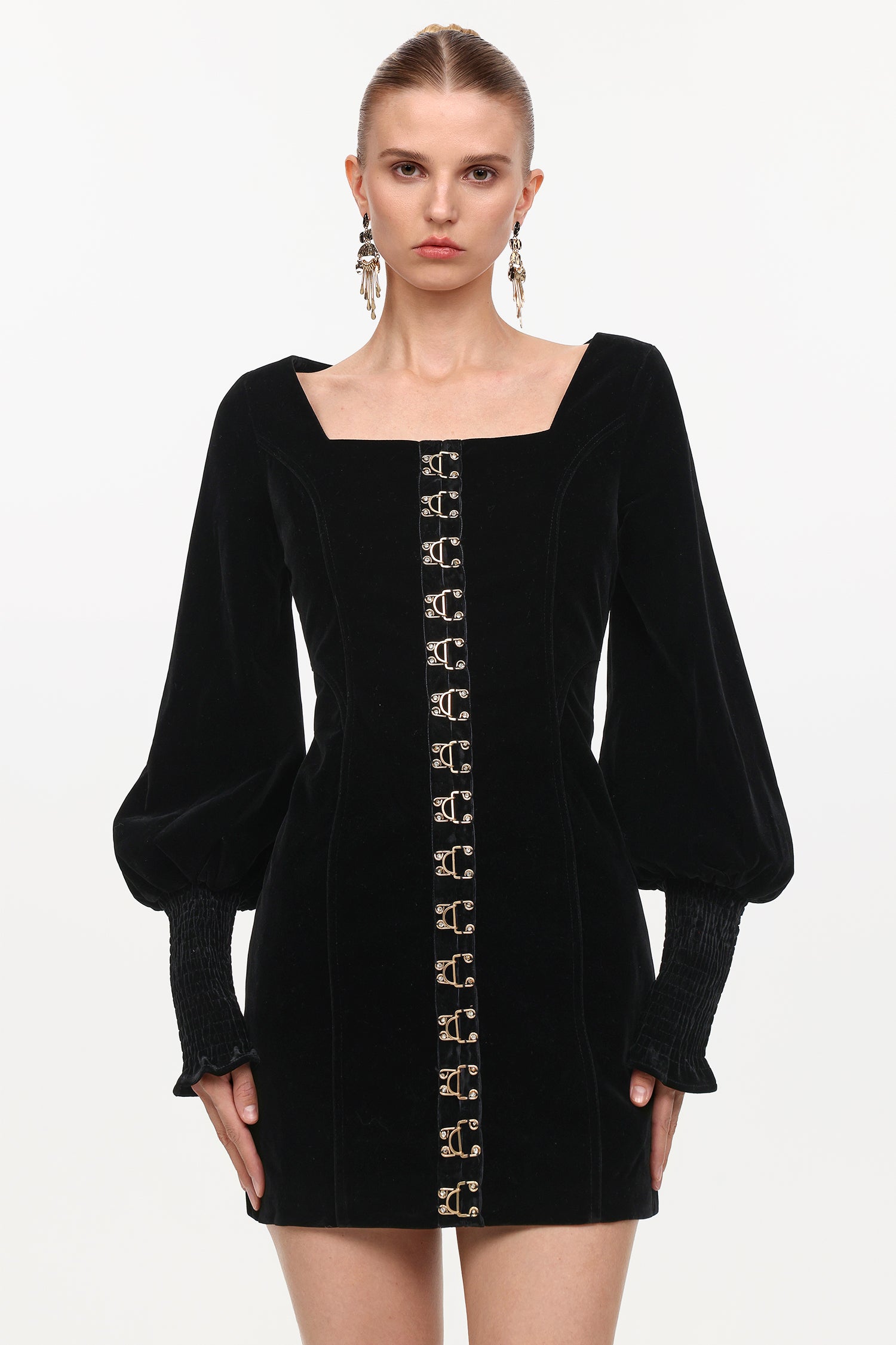TINA SQUARE NECK CINCH WAIST VELVET MINI DRESS BLACK