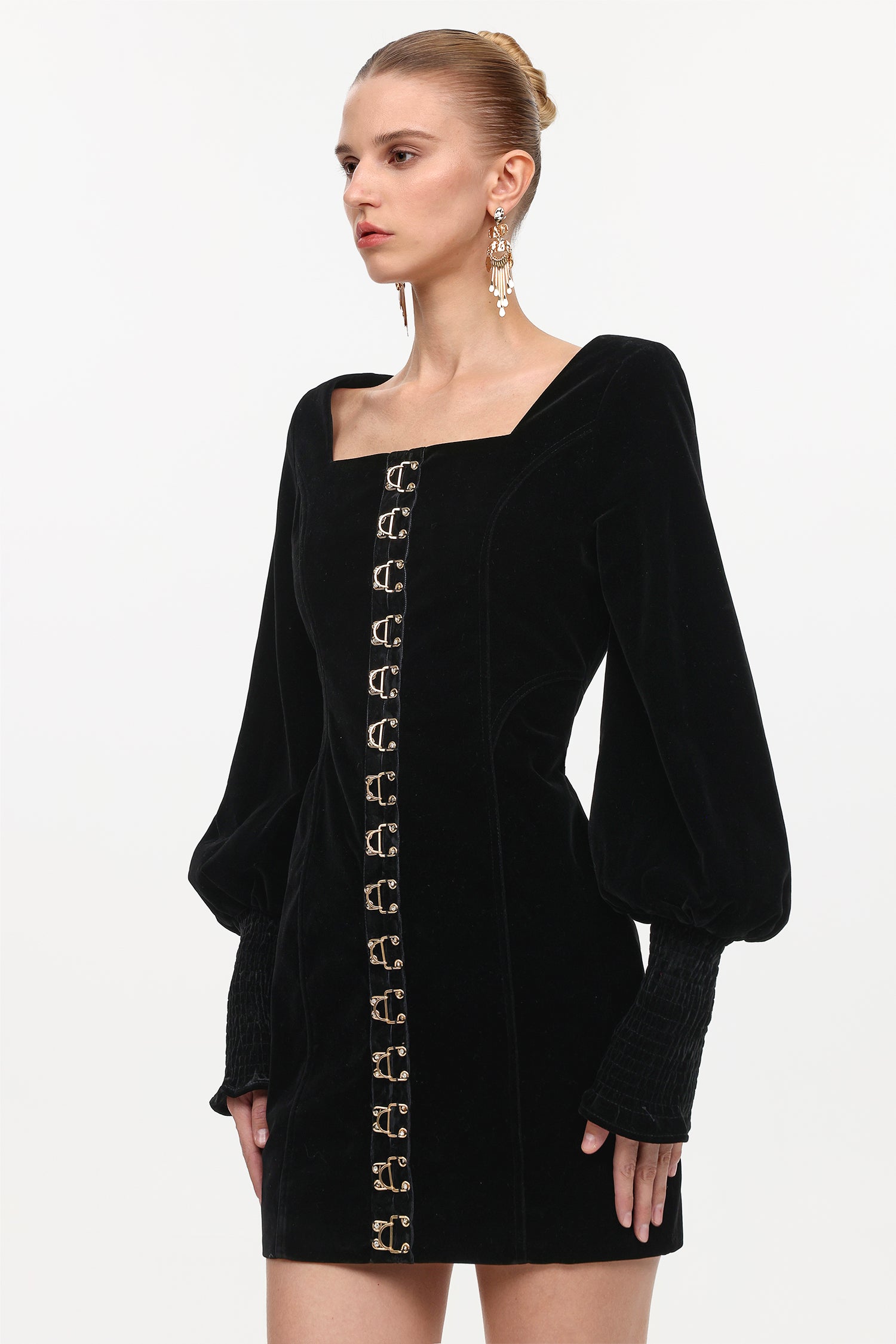 TINA SQUARE NECK CINCH WAIST VELVET MINI DRESS BLACK
