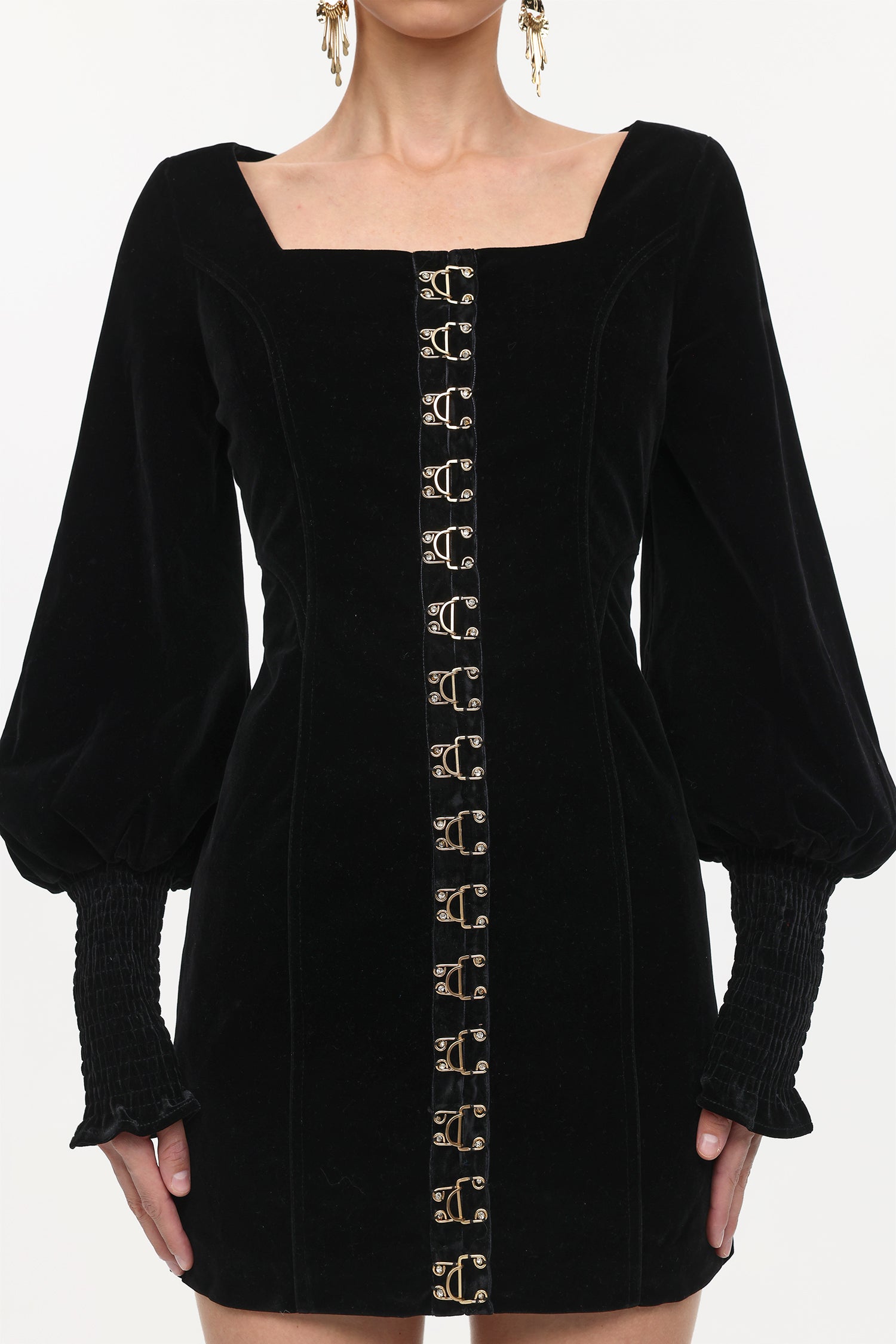 TINA SQUARE NECK CINCH WAIST VELVET MINI DRESS BLACK