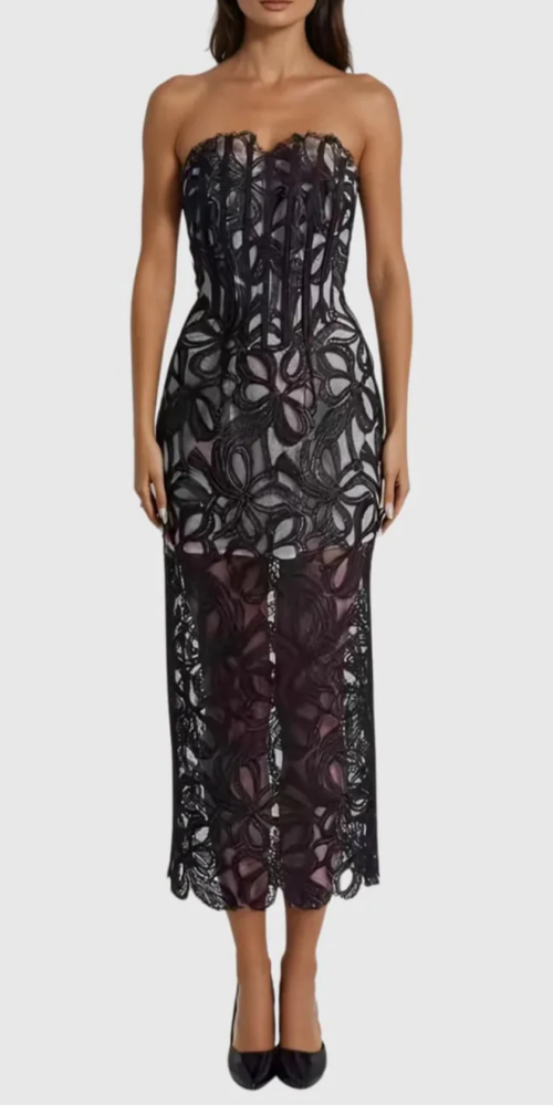 letitia Strapless Flower Embroidered Midi Dress letitia Strapless Flower Embroidered Midi Dress