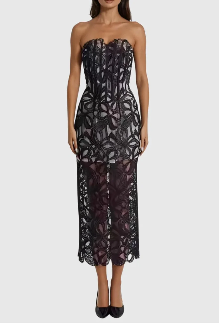 LETITIA STRAPLESS EMBROIDERED MIDI DRESS