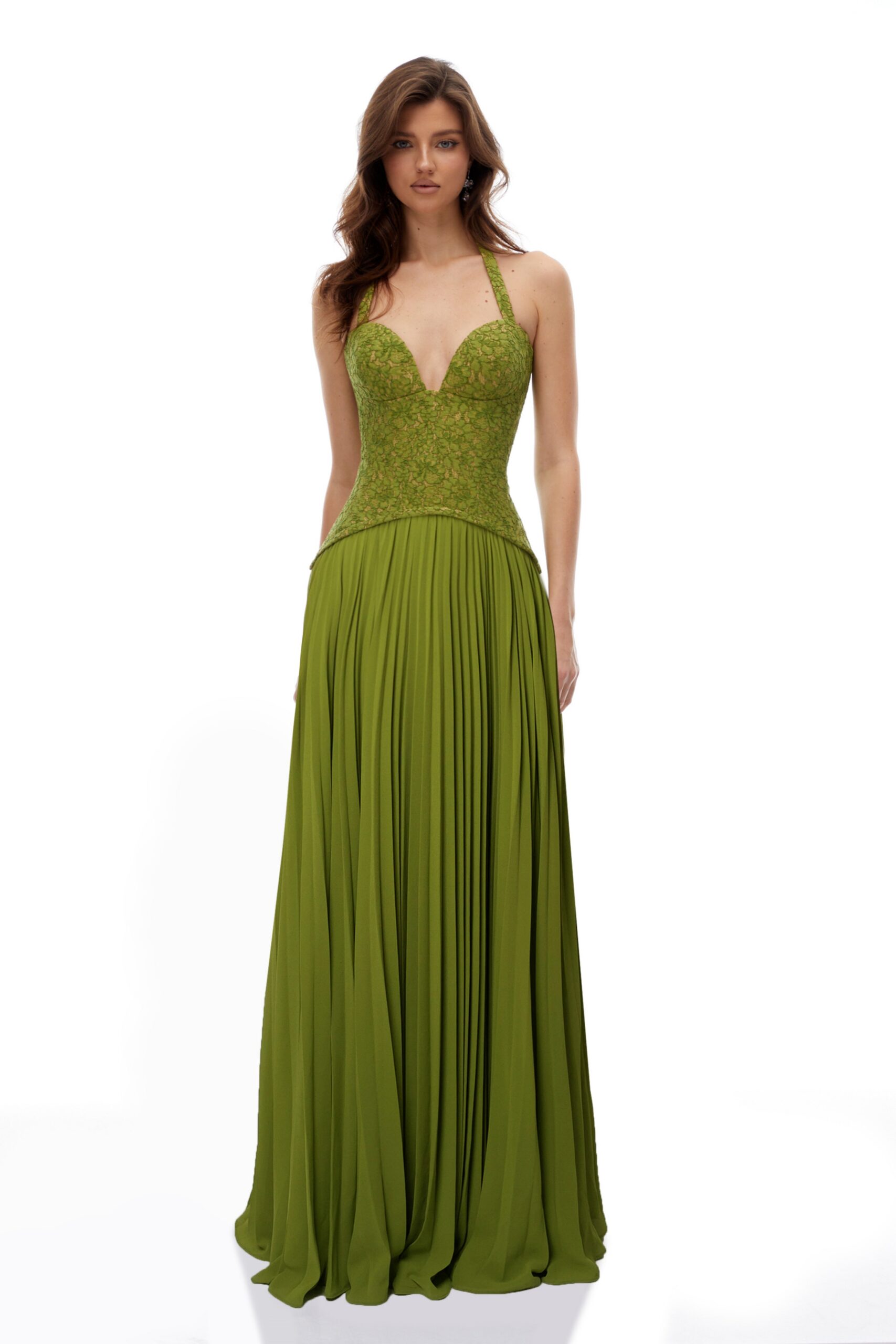 EMERALD LACE FISHBONE CORSET GOWN, PLEATED SILHOUETTE