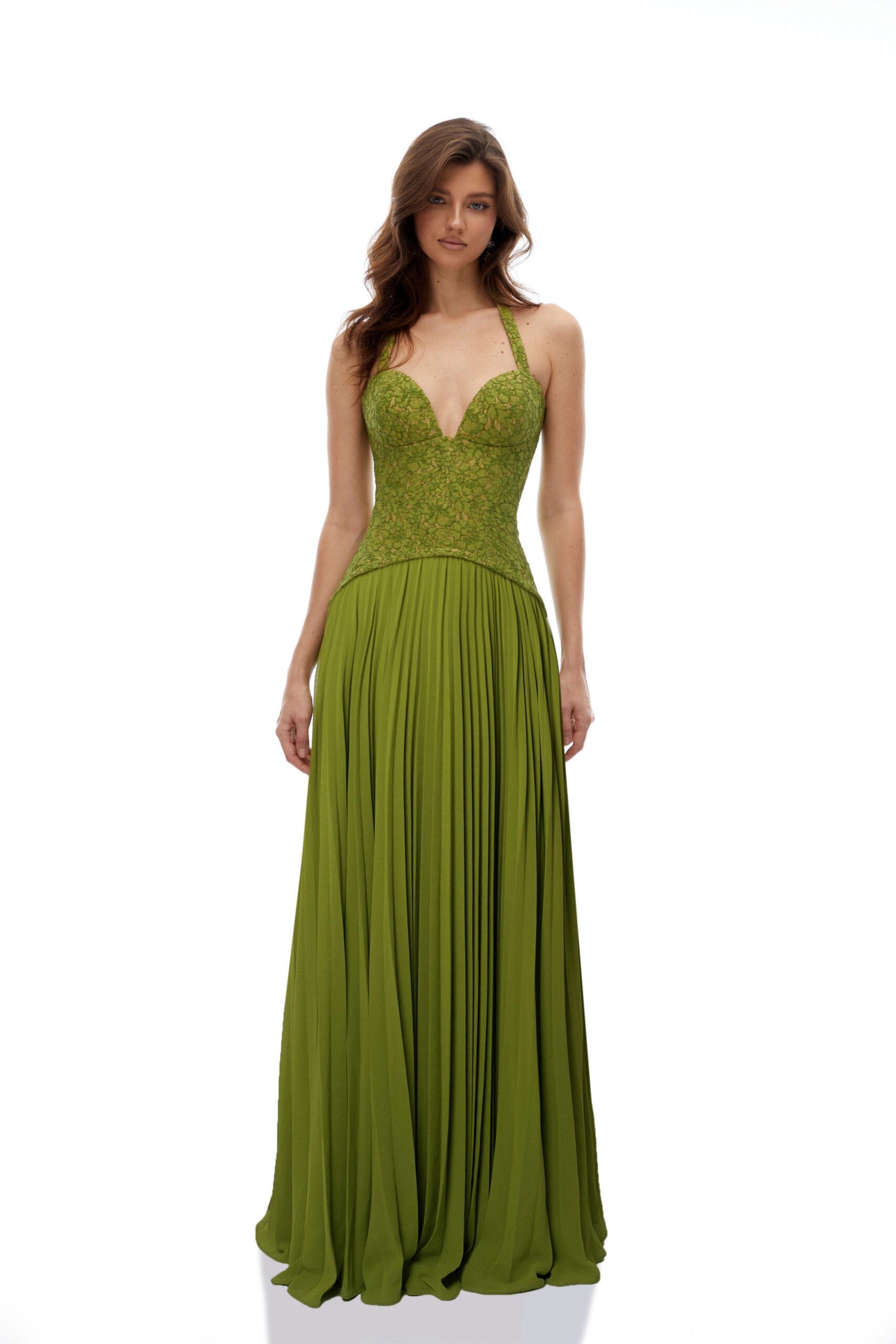 EMERALD LACE FISHBONE CORSET GOWN, PLEATED SILHOUETTE