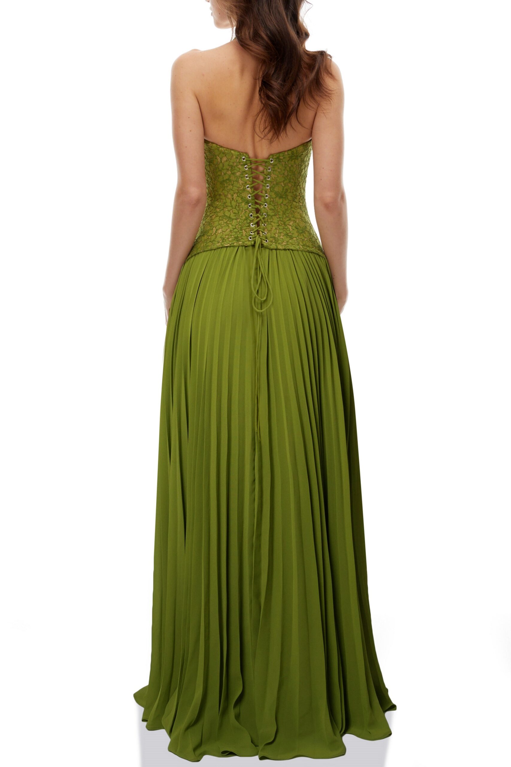 EMERALD LACE FISHBONE CORSET GOWN, PLEATED SILHOUETTE