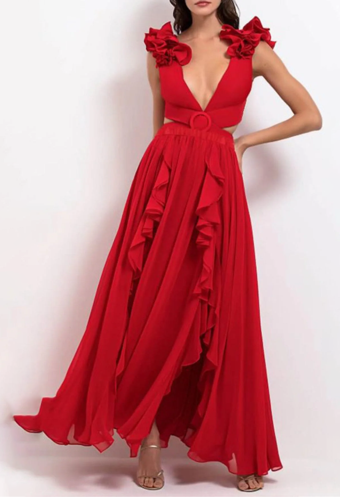 DEEP V RED CUTOUT ONE PIECE SWIMSUIT SKIRT SET
