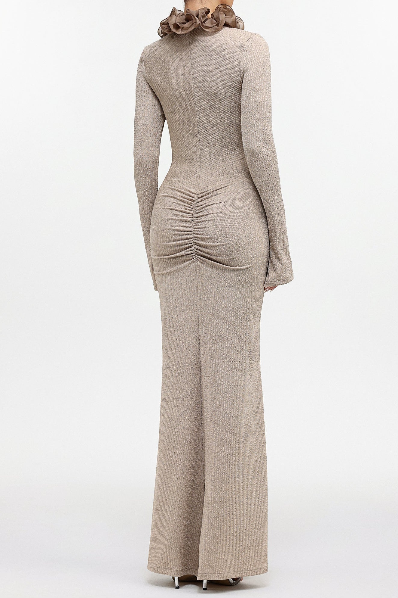 RACHEL CONTOUR RUFFLE KNIT MAXI DRESS, PALE BROWN