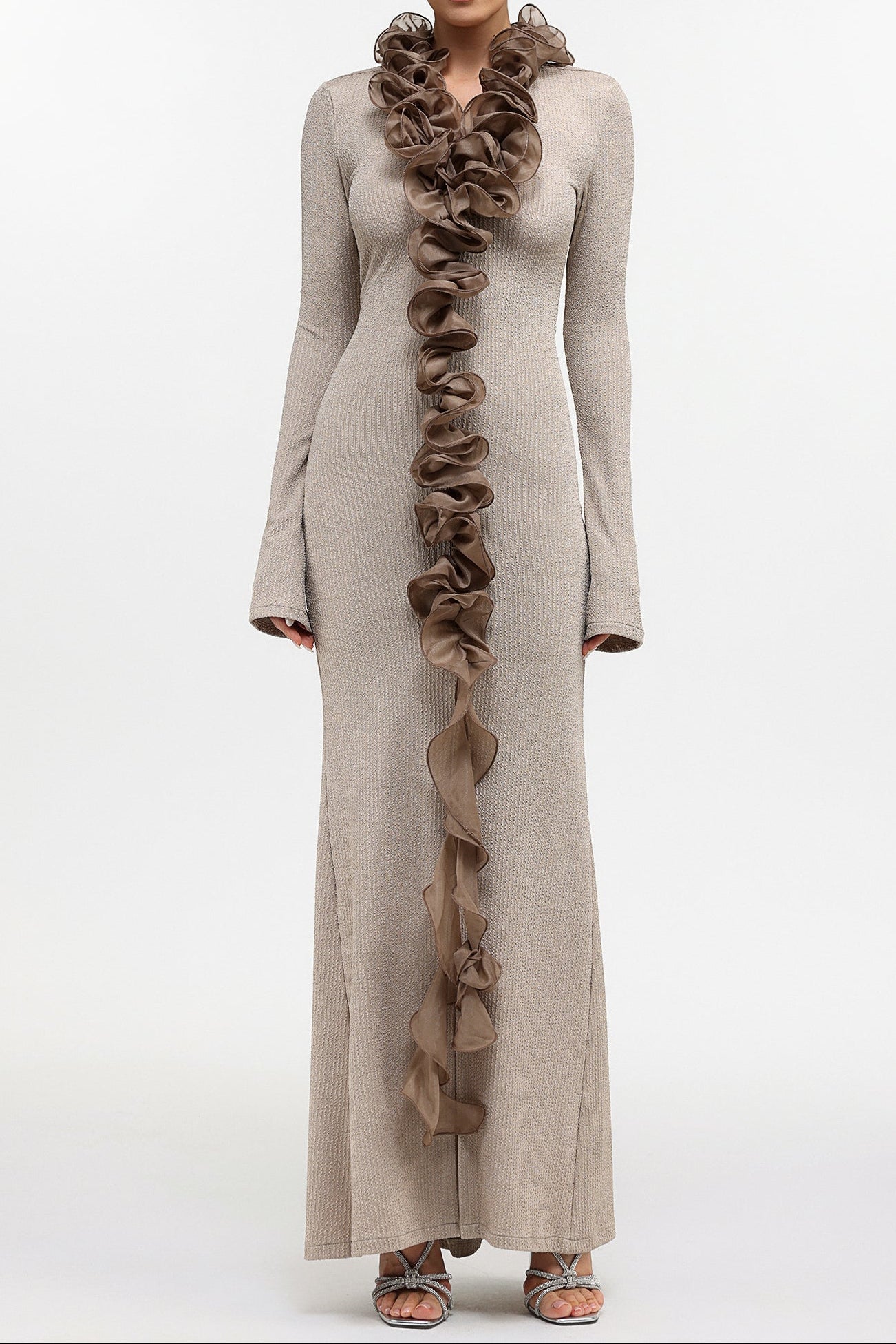 RACHEL CONTOUR RUFFLE KNIT MAXI DRESS, PALE BROWN