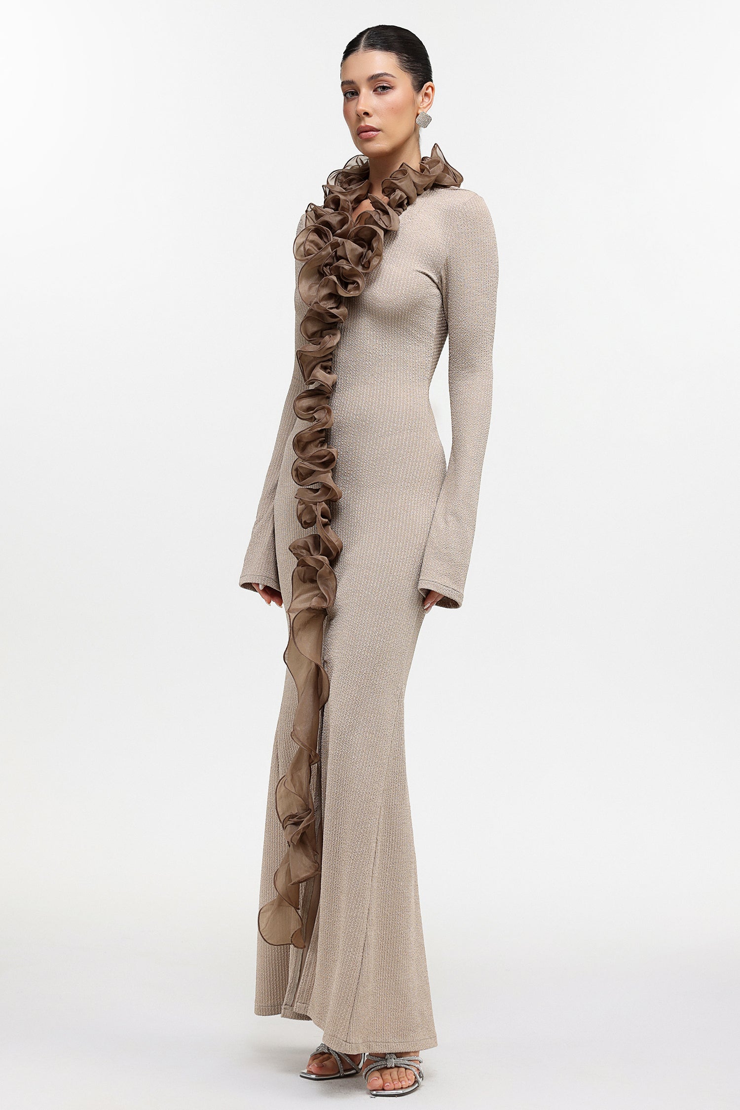 RACHEL CONTOUR RUFFLE KNIT MAXI DRESS, PALE BROWN