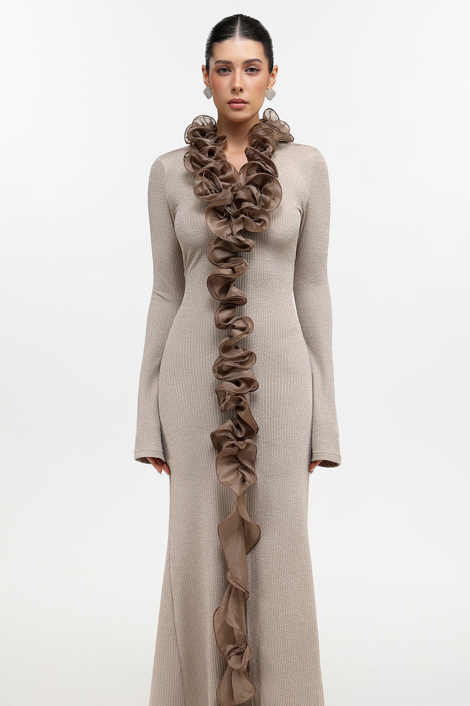 RACHEL CONTOUR RUFFLE KNIT MAXI DRESS, PALE BROWN