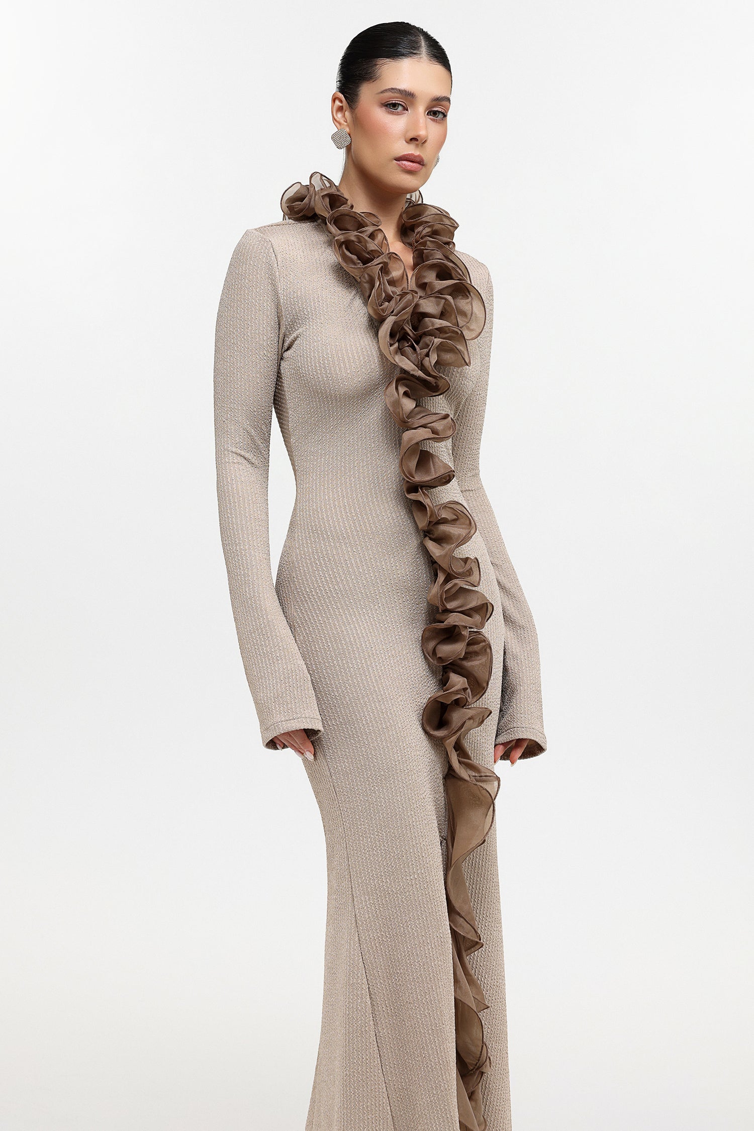 RACHEL CONTOUR RUFFLE KNIT MAXI DRESS, PALE BROWN