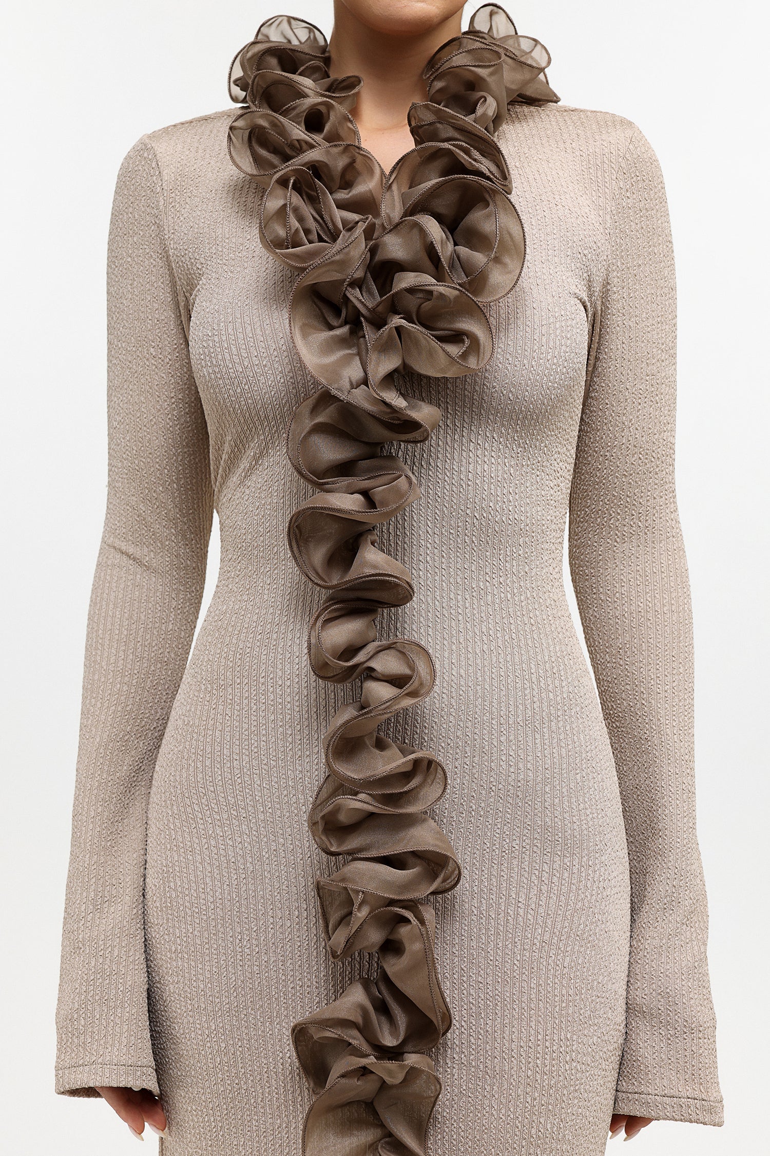 RACHEL CONTOUR RUFFLE KNIT MAXI DRESS, PALE BROWN