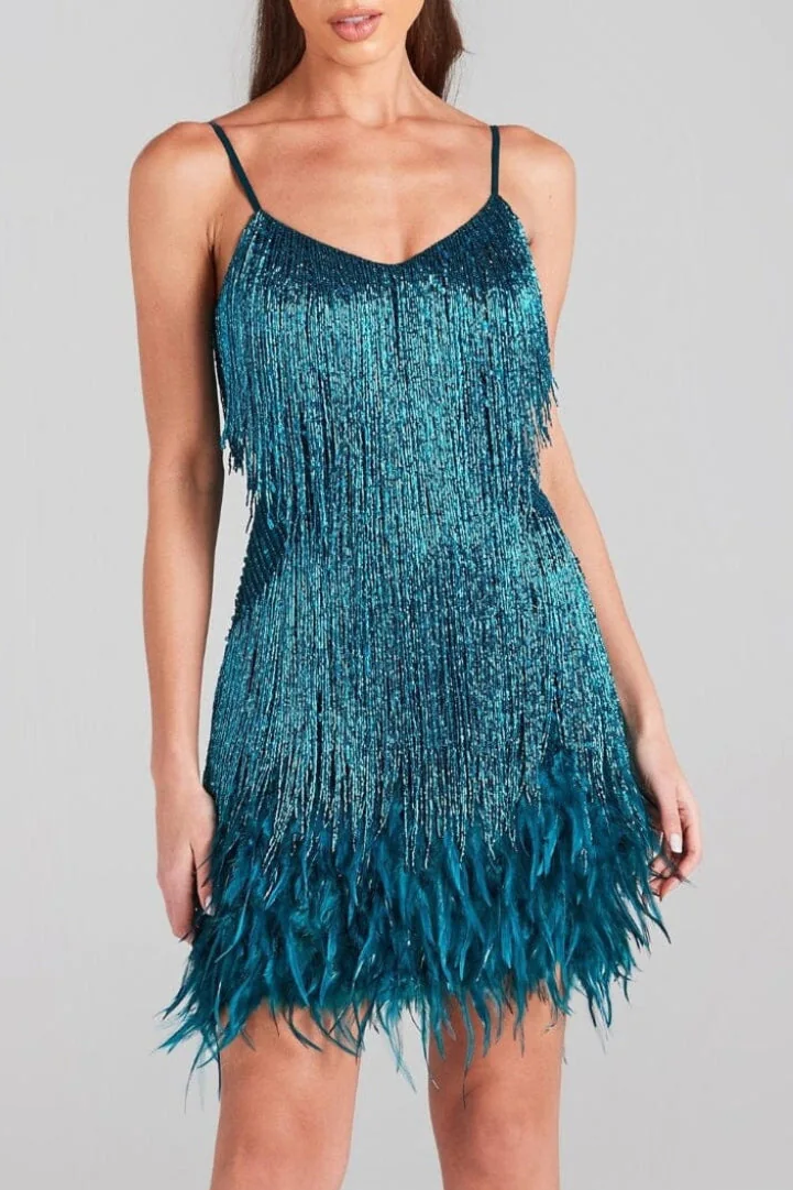2025-11-19_111241_948 EMERALD FEATHER TASSEL MINI DRESS FOR PARTIES