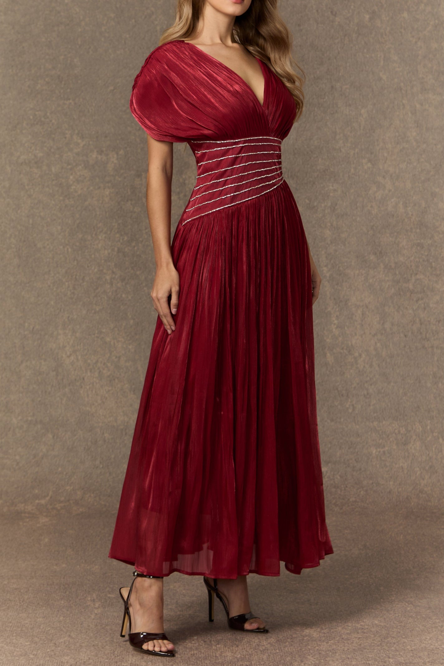 MYRA BURGUNDY V-NECK EMBELLISHED MAXI DRESS