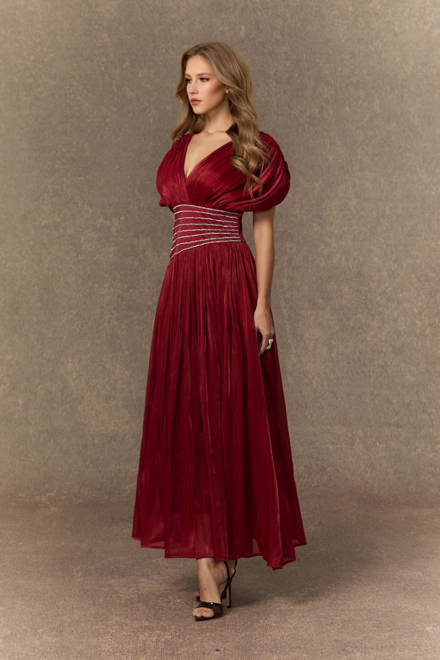 MYRA BURGUNDY V-NECK EMBELLISHED MAXI DRESS