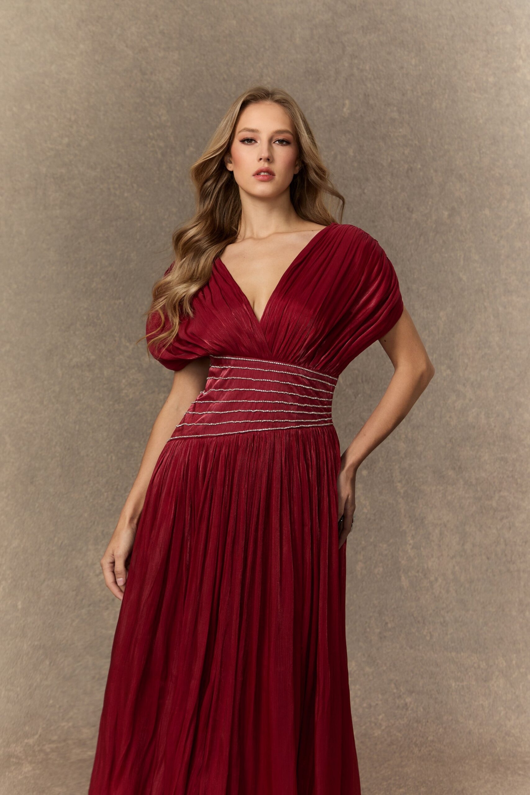 MYRA BURGUNDY V-NECK EMBELLISHED MAXI DRESS