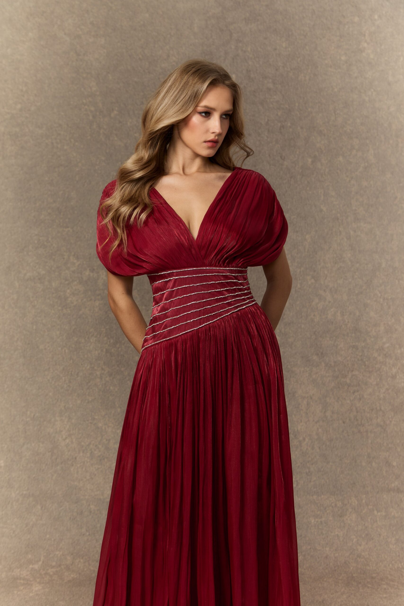 MYRA BURGUNDY V-NECK EMBELLISHED MAXI DRESS