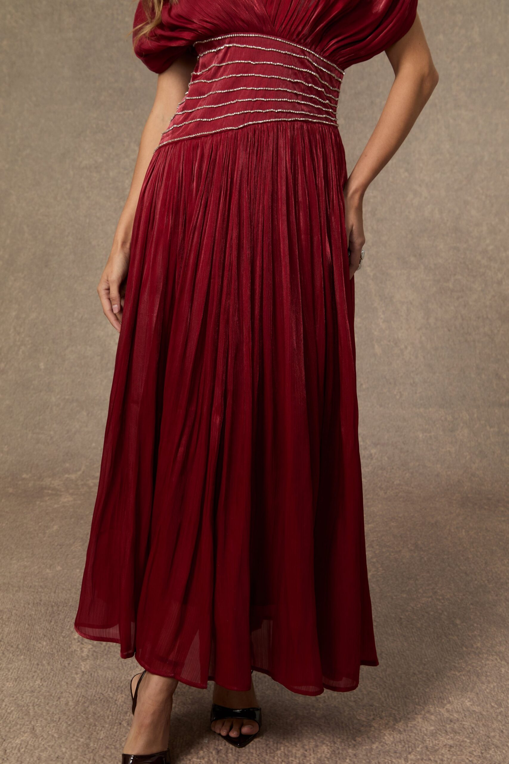 MYRA BURGUNDY V-NECK EMBELLISHED MAXI DRESS