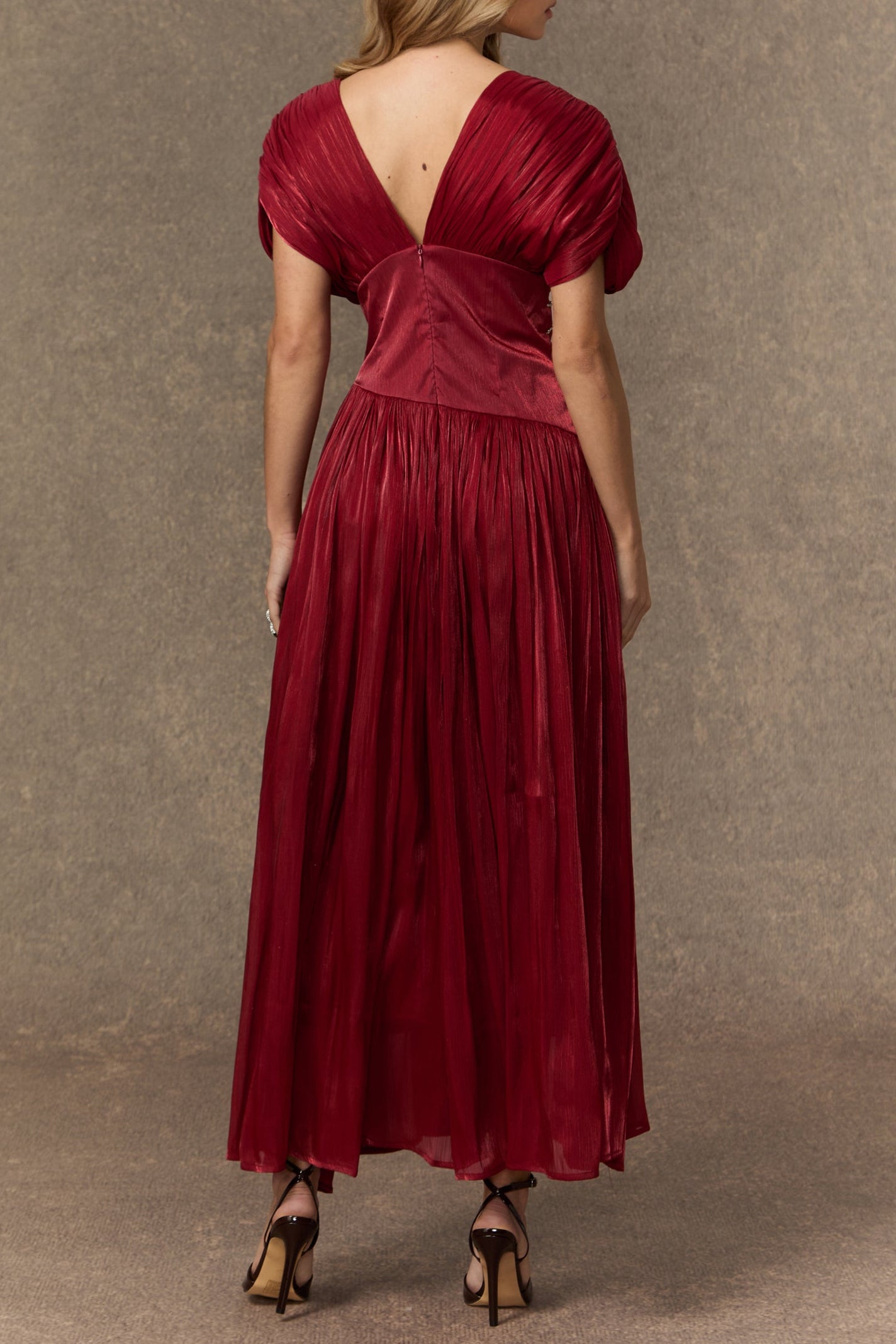 MYRA BURGUNDY V-NECK EMBELLISHED MAXI DRESS