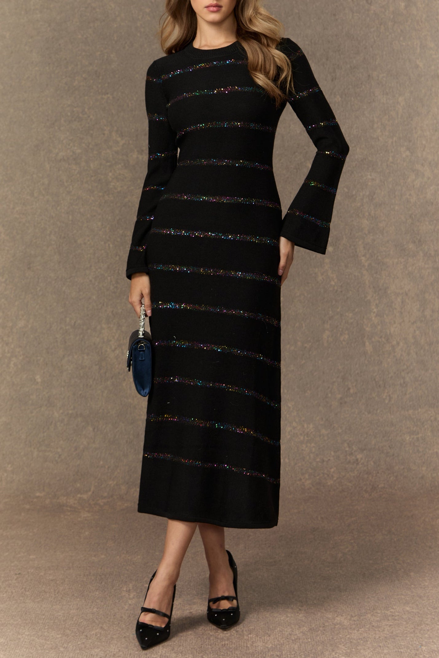 GLORIA BLACK SEQUIN MIDI DRESS FOR PARTY