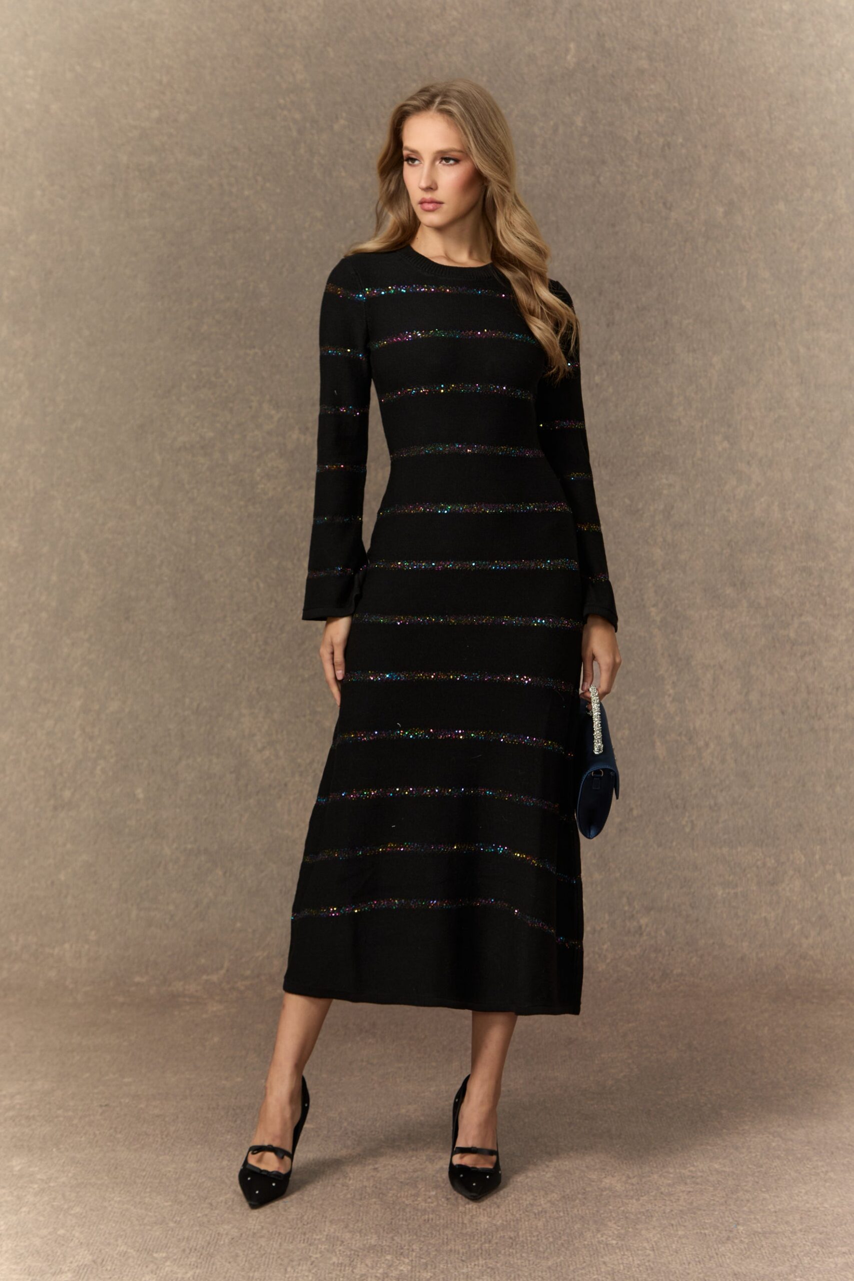 GLORIA BLACK SEQUIN MIDI DRESS FOR PARTY