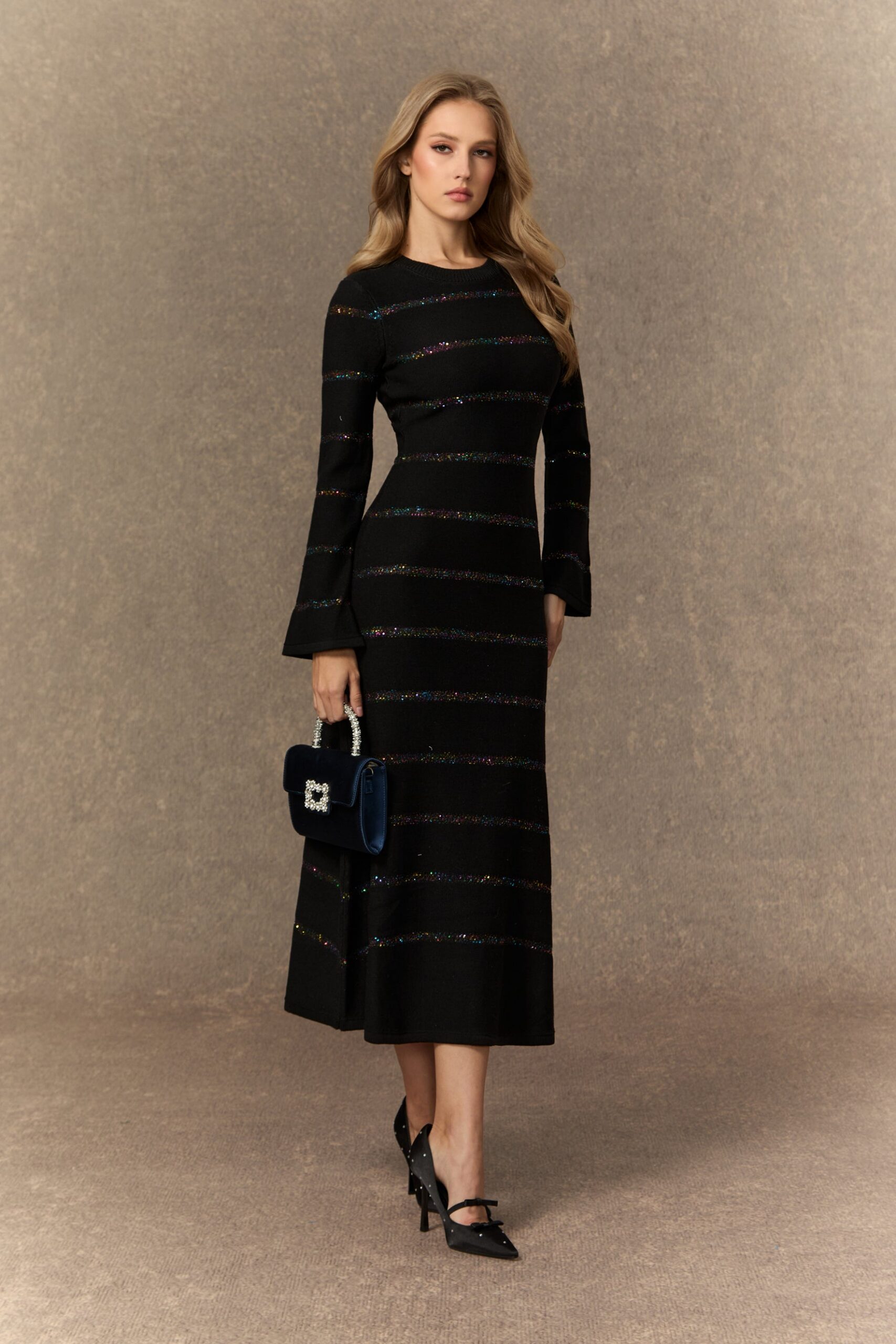 GLORIA BLACK SEQUIN MIDI DRESS FOR PARTY