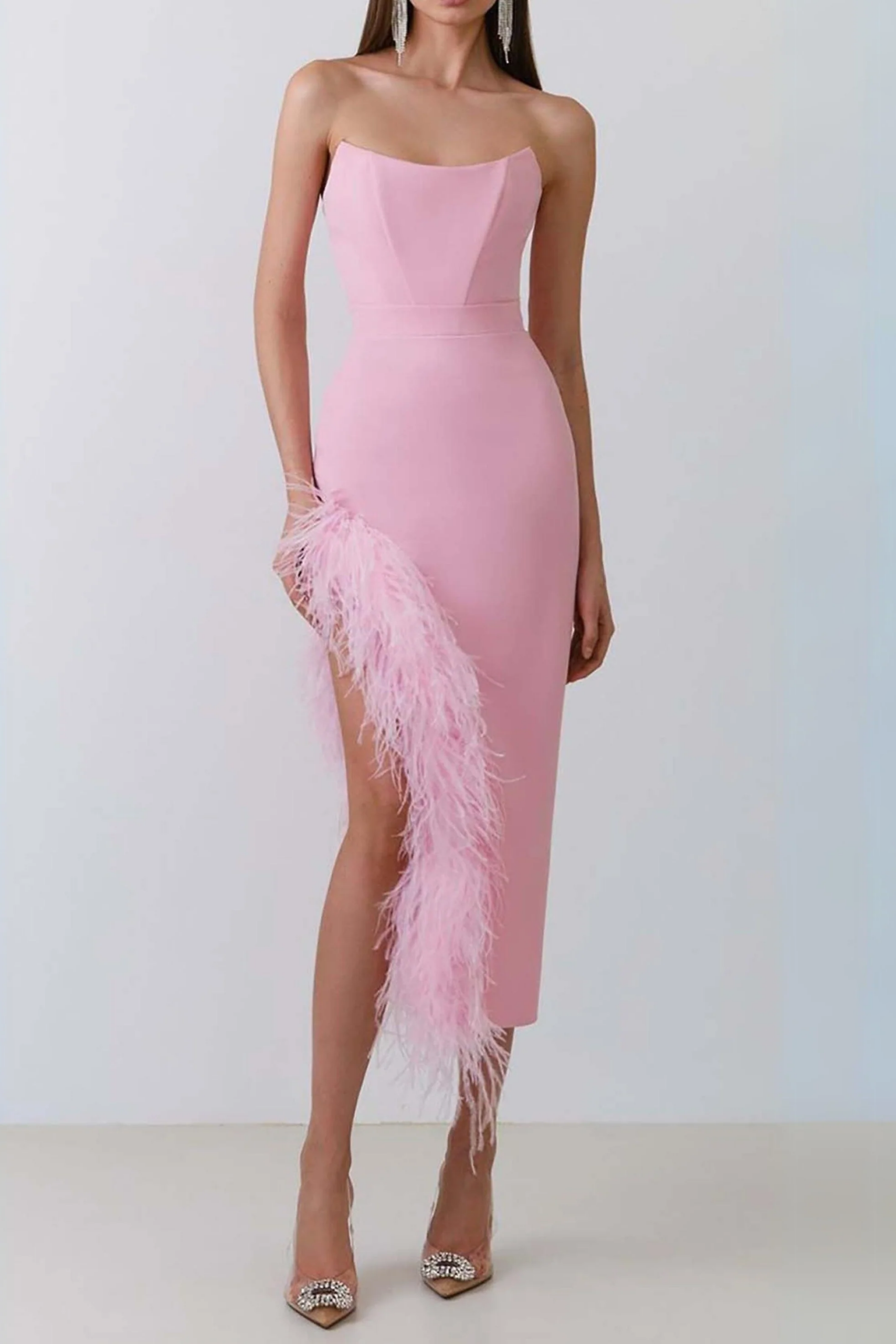 2025-11-25_104514_734 FEATHER TRIM SPLIT MIDI DRESS, BUBBLEGUM