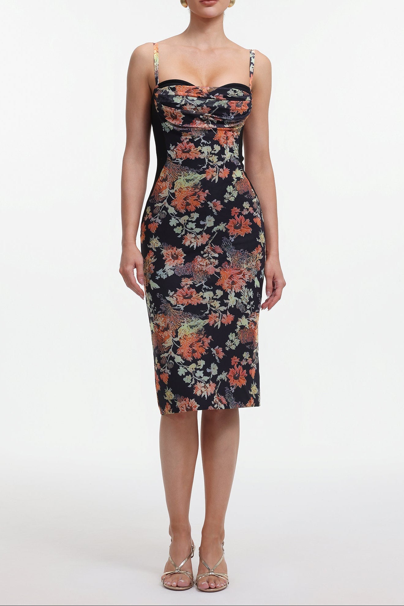 2025-11-27-andrea-m182717 OLGA CONTOUR FLORAL BANDAGE MIDI DRESS