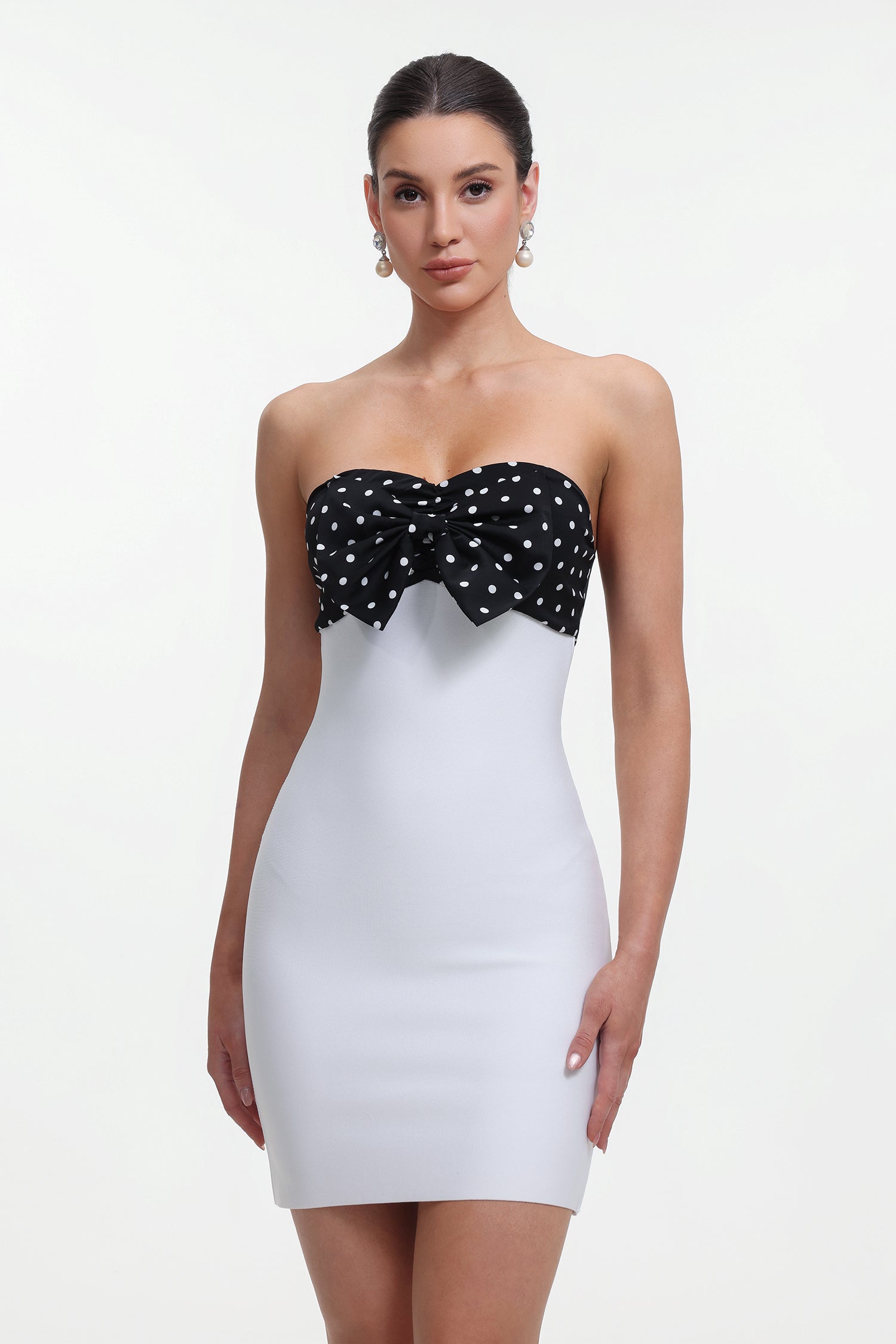 MICHAELIA WHITE POLKA DOT BANDAGE MINI DRESS WITH BOW