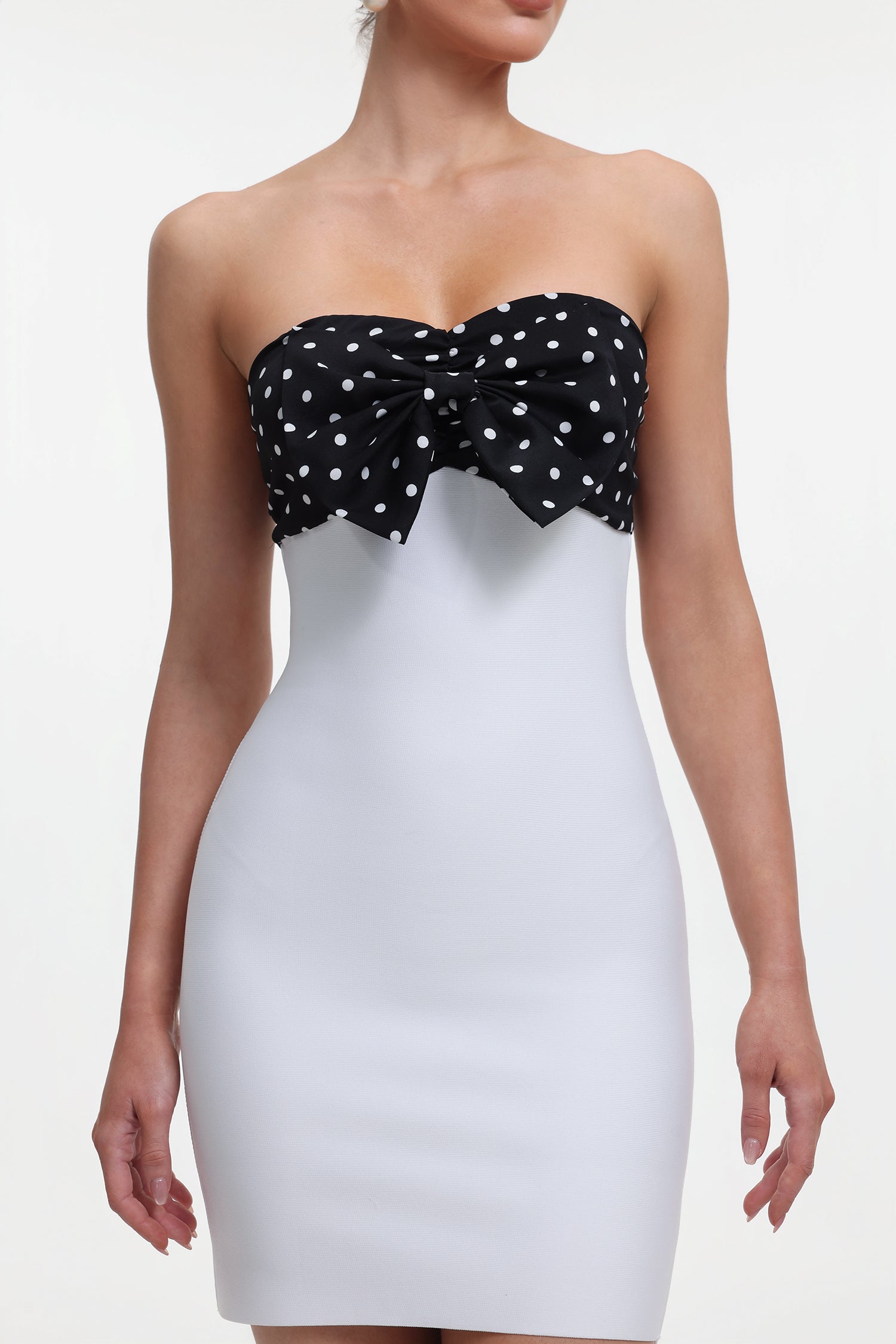 MICHAELIA WHITE POLKA DOT BANDAGE MINI DRESS WITH BOW