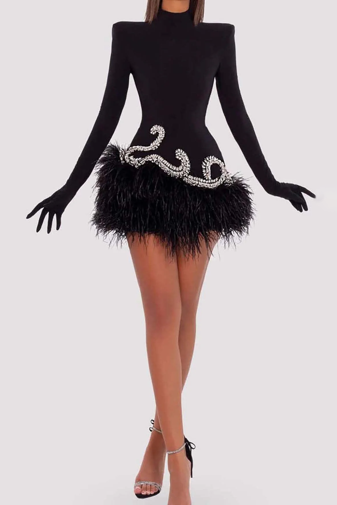 BLACK VELVET FEATHER GLOVE MINI DRESS