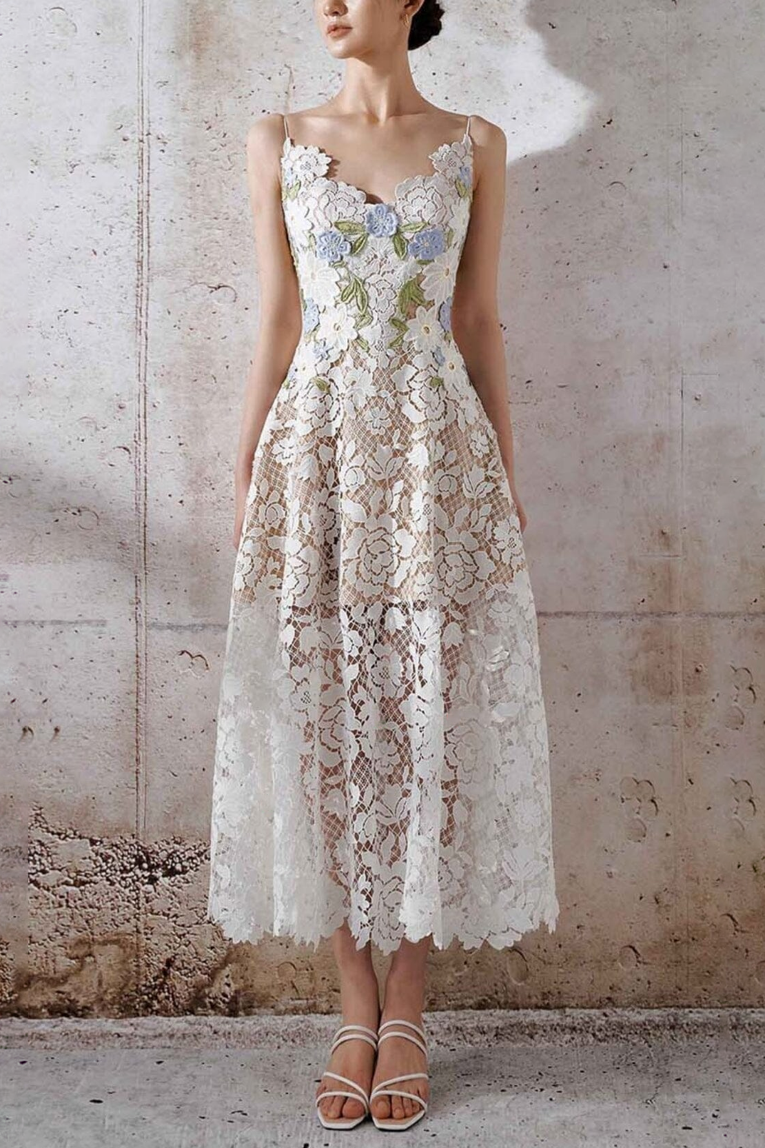 WHITE LACE ROSES A-LINE MIDI DRESS