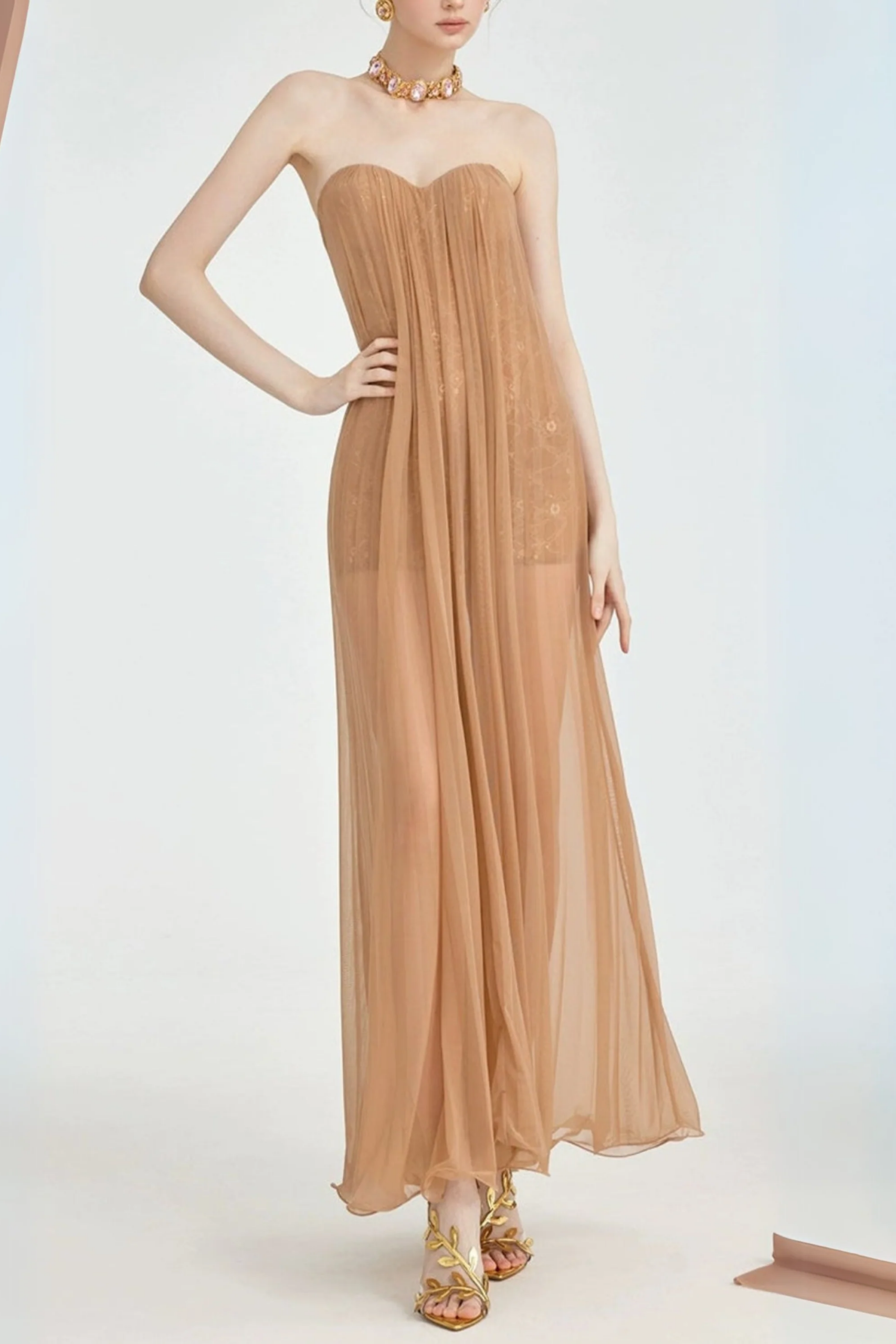 2025-12-08_120302_019 THEA STRAPLESS MESH BACKLESS BROWN MAXI DRESS