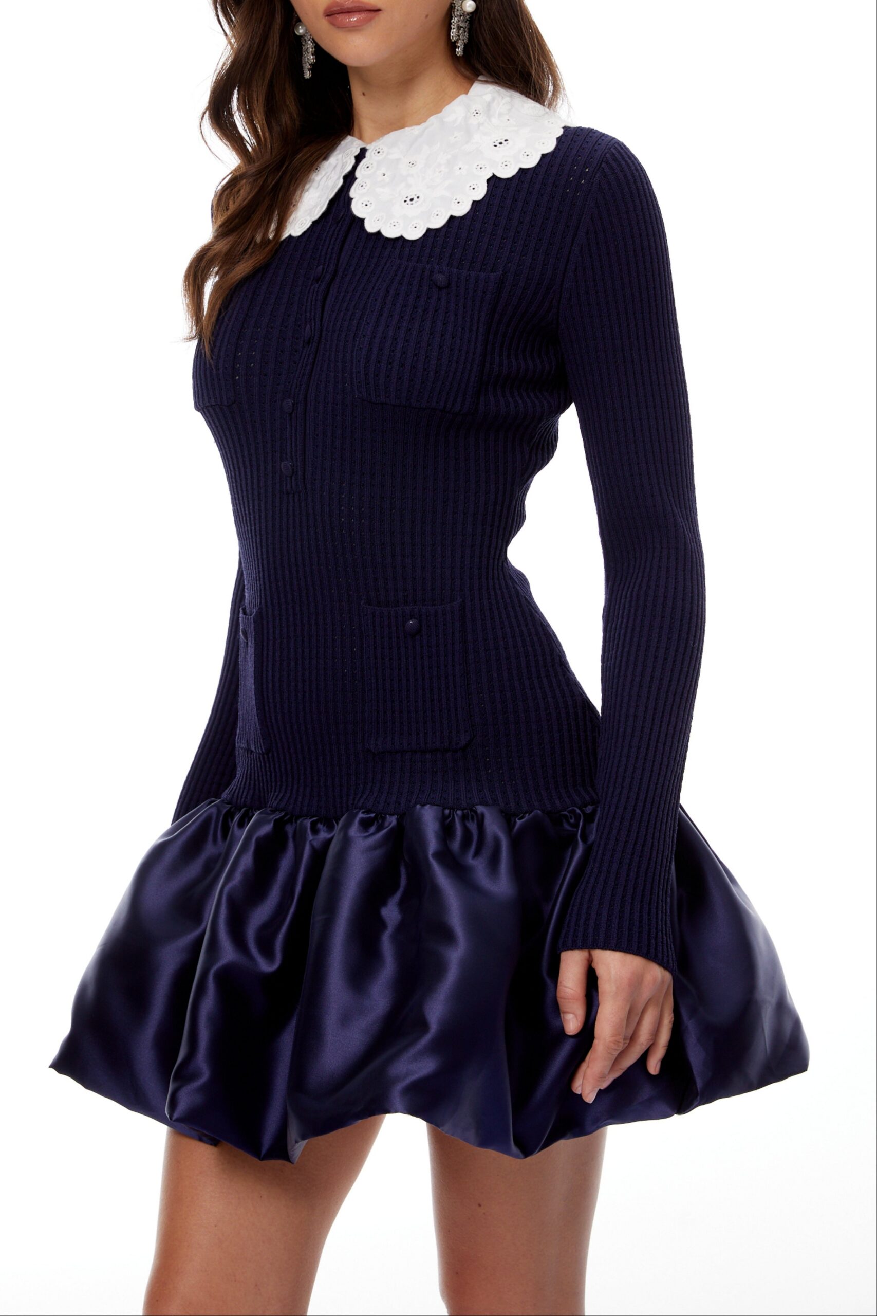 NAVY BLUE SATIN PANEL KNIT MINI DRESS