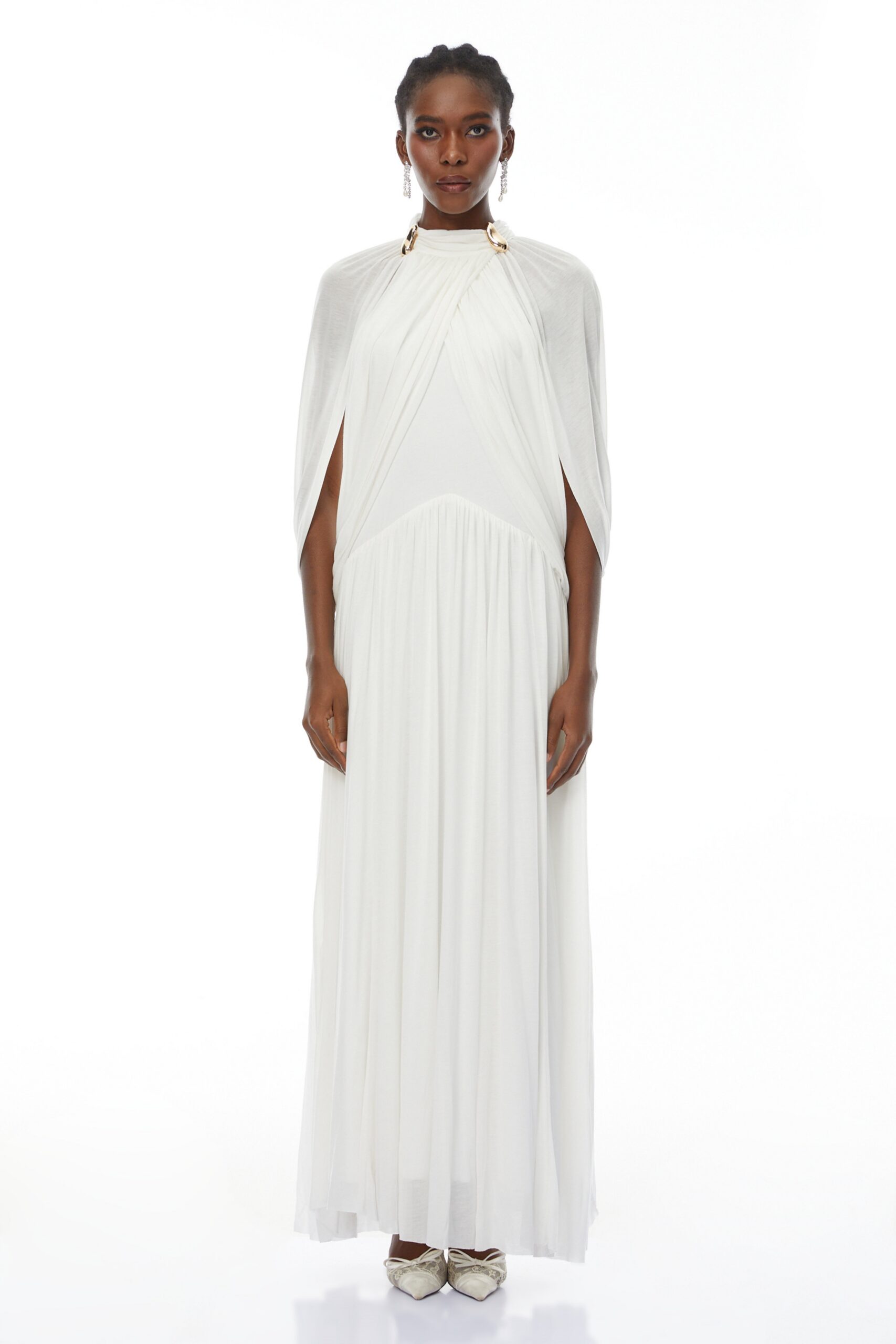 LEONA WHITE DRAPED CAPE MAXI DRESS FOR WEDDING